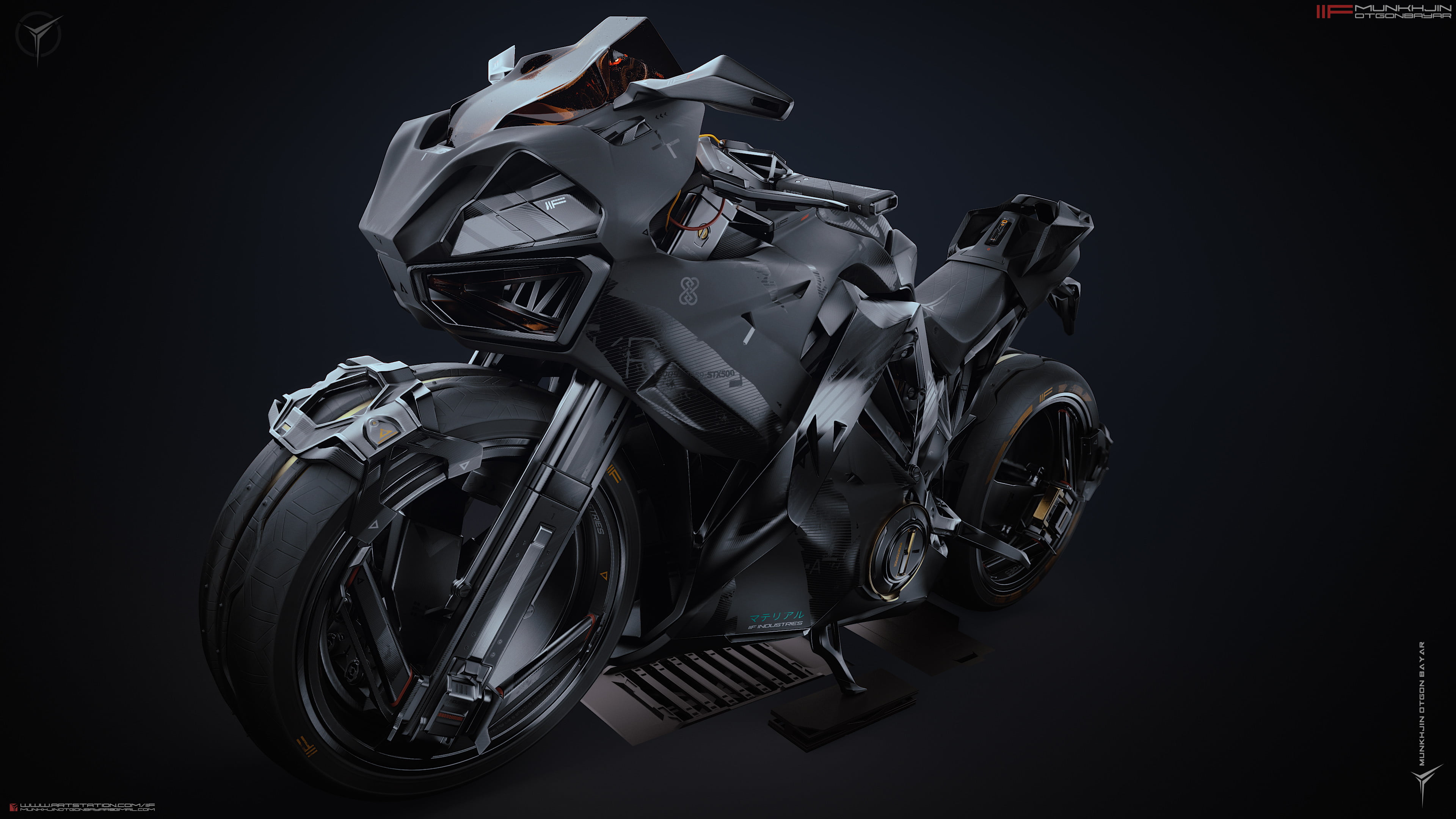 4K, CGI, motorcycle, futuristic, gray background, bikes, digital art, 3D, artwork, IIF #Munkhjin Otgonbayar, Super Bike, Heavy bike, ArtStation, HD Wallpaper