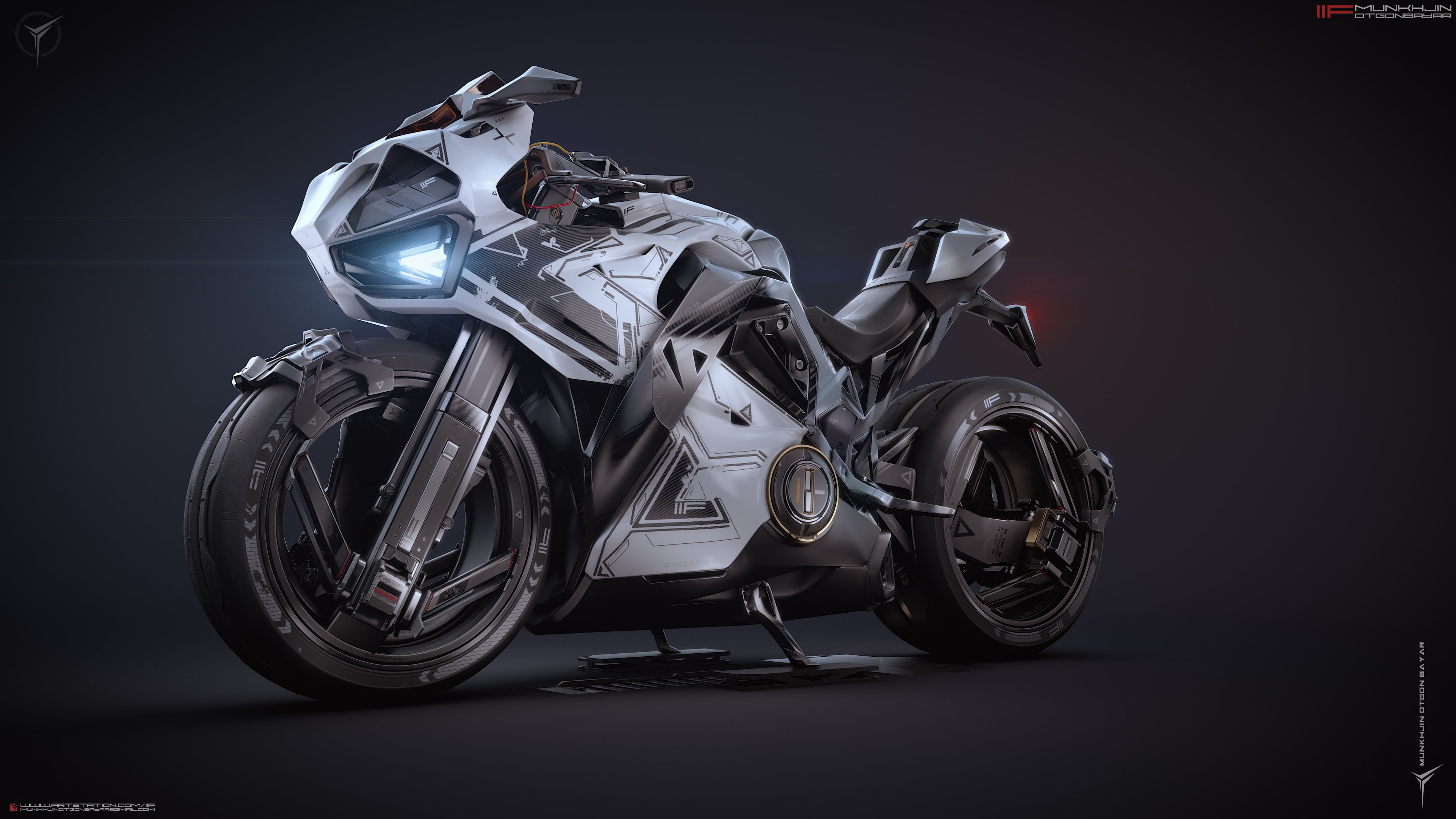 gray background, futuristic, 4K, CGI, Heavy bike, IIF #Munkhjin Otgonbayar, 3D, motorcycle, digital art, Super Bike, ArtStation, bikes, artwork, HD Wallpaper