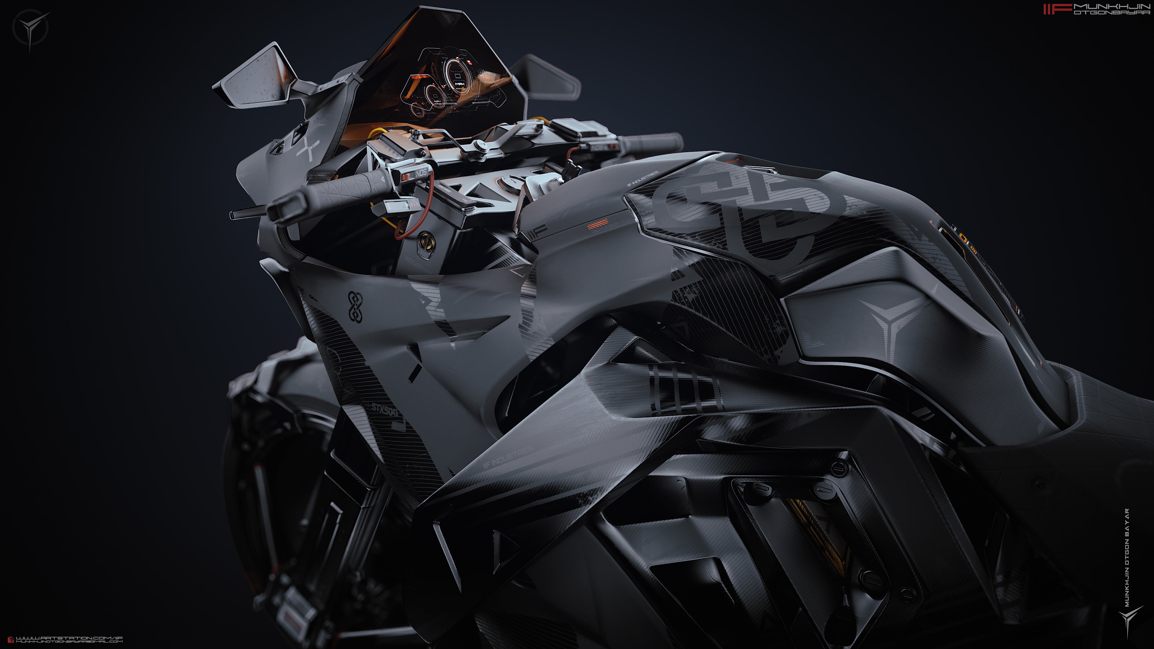 artwork, futuristic, motorcycle, 4K, digital art, ArtStation, 3D, Heavy bike, CGI, gray background, IIF #Munkhjin Otgonbayar, Super Bike, bikes, HD Wallpaper