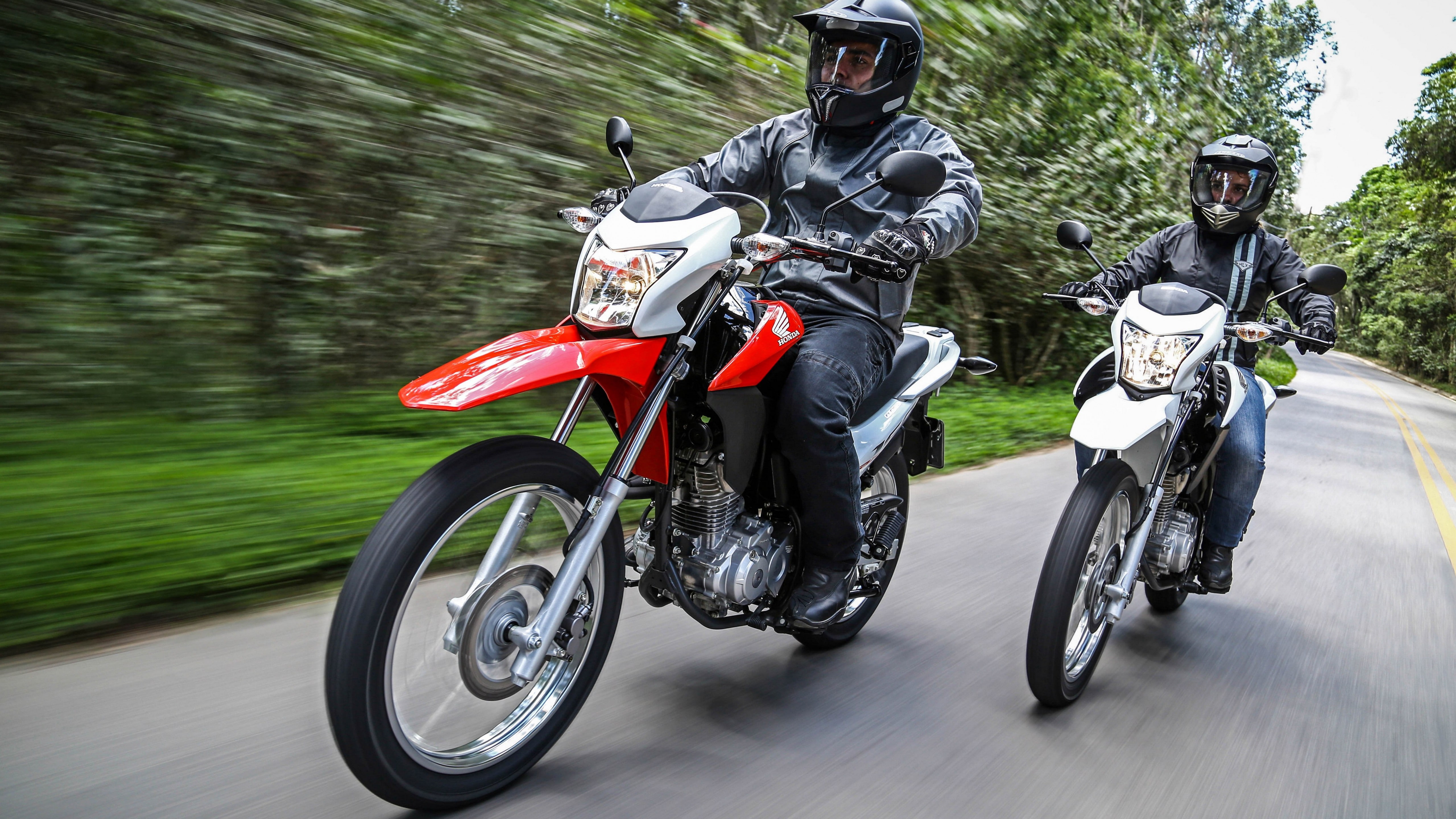riding, red, men, road, review, test drive, 5K, racing, off-road motorcycles, two, motorcycle, daytime, bike, near, Best Bikes 2015, white, Honda Bros, HD Wallpaper