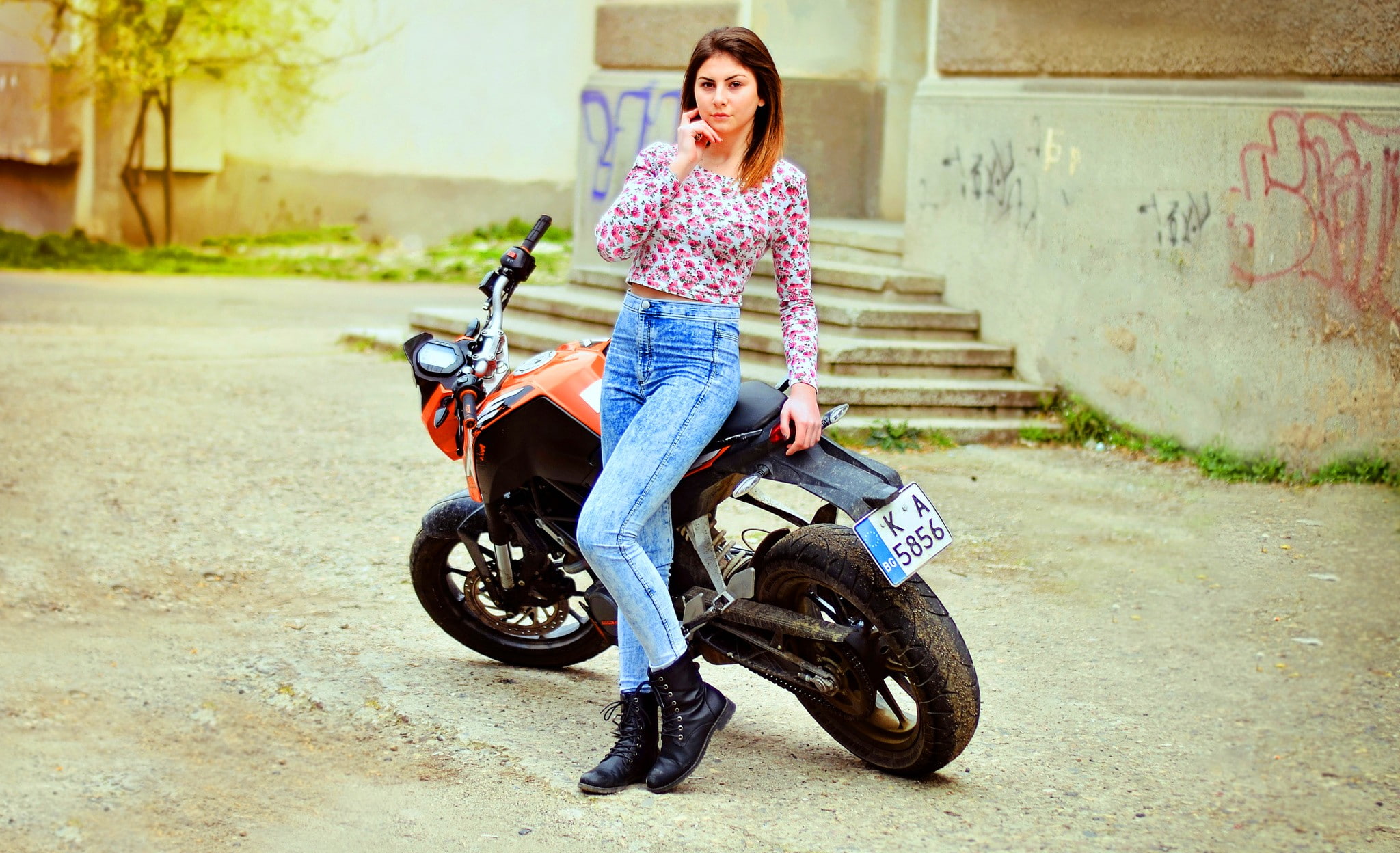 KTM, jeans, vehicle, women outdoors, 1080P, women, women with bikes, hand on face, motorcycle, model, HD Wallpaper