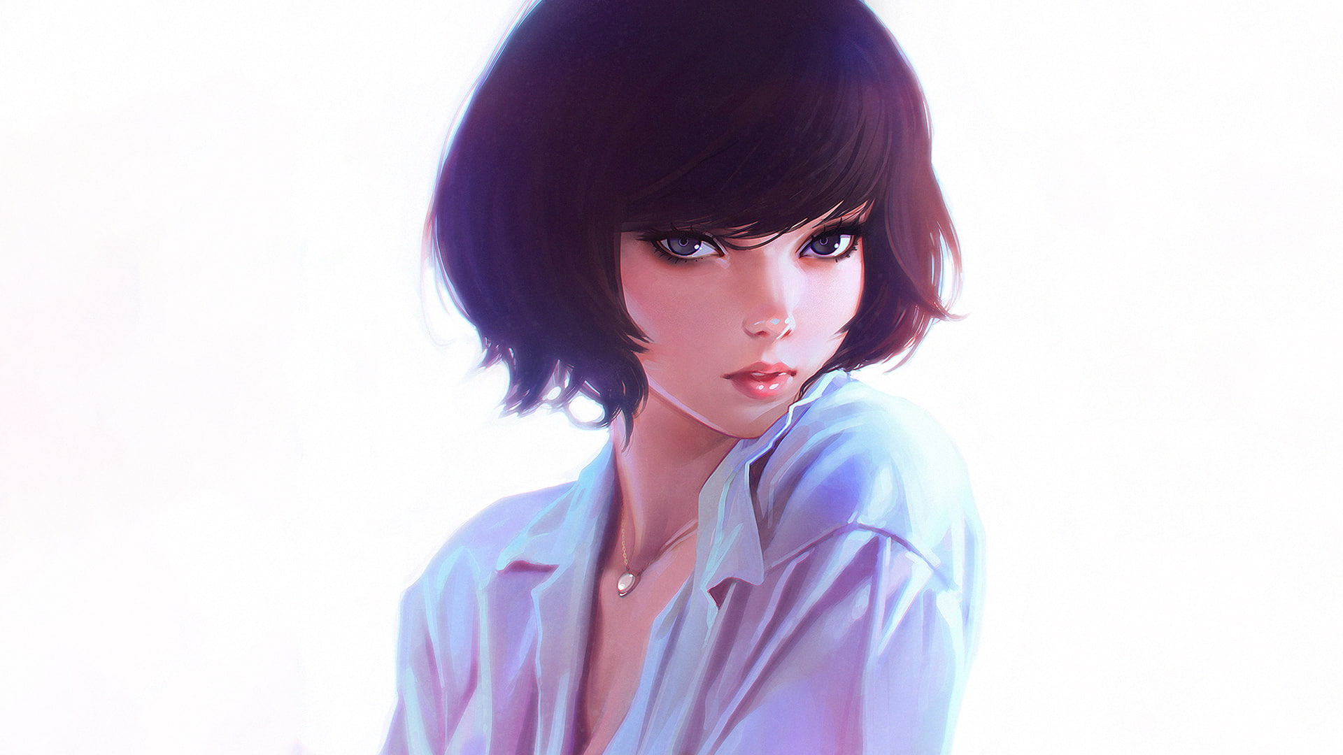 Ilya Kuvshinov, short hair, 1080P, open mouth, white shirt, dark hair, open shirt, artwork, HD Wallpaper