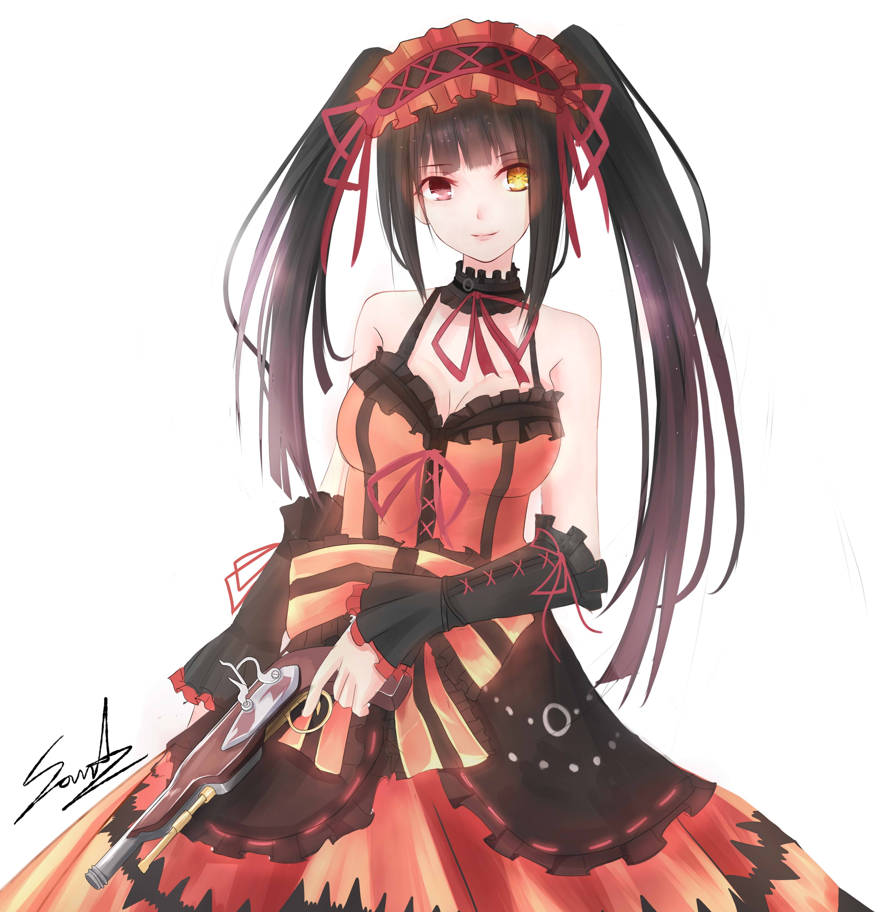 still life, black hair, anime girls, 2K, toy, representation, weapon, music, Tokisaki Kurumi, no people, red, gun, cut out, anime, open shirt, front view, Phone HD Wallpaper