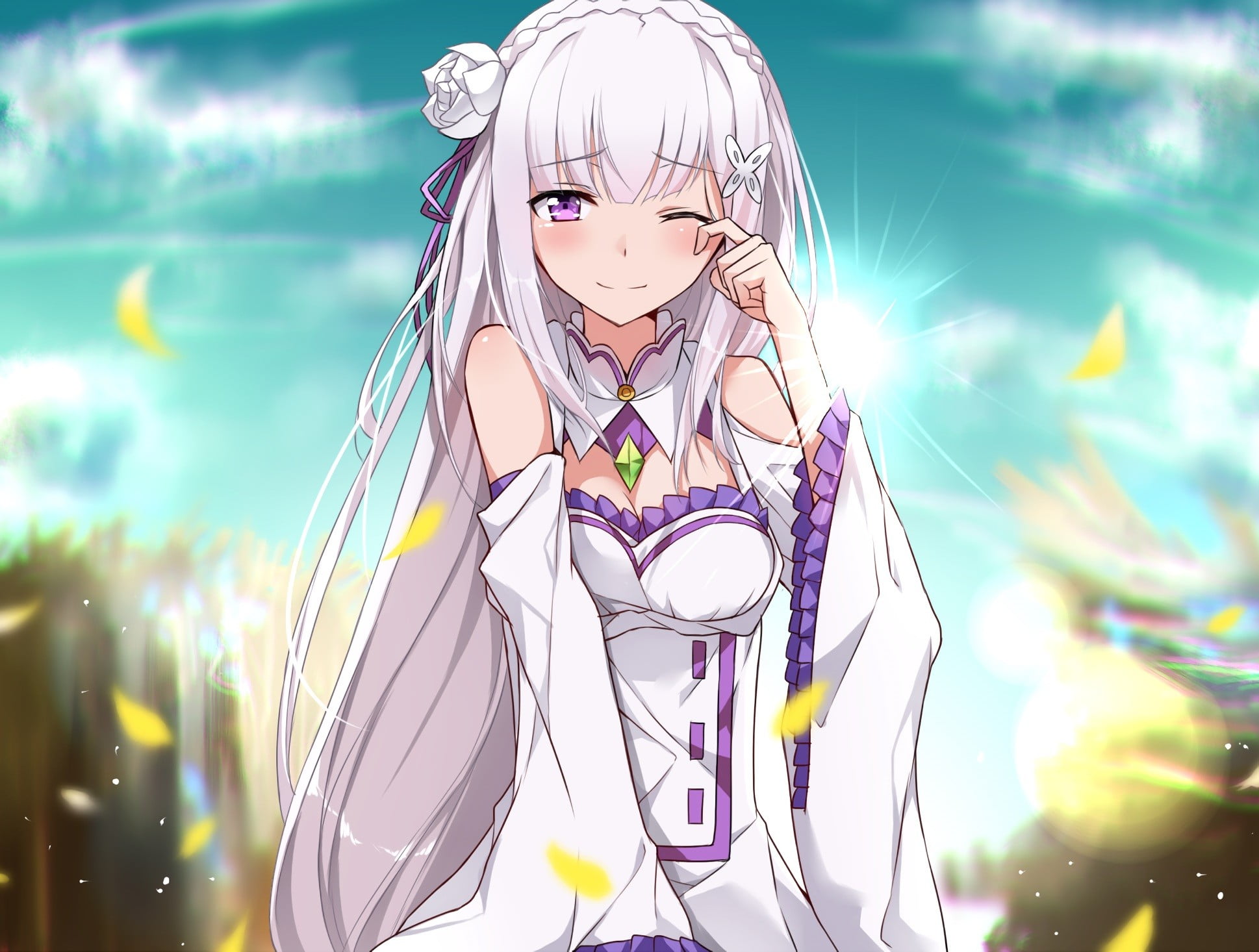 looking at camera, long hair, representation, day, clouds, outdoors, lifestyles, front view, girls, real people, cleavage, anime girls, sunlight, 1080P, HD Wallpaper