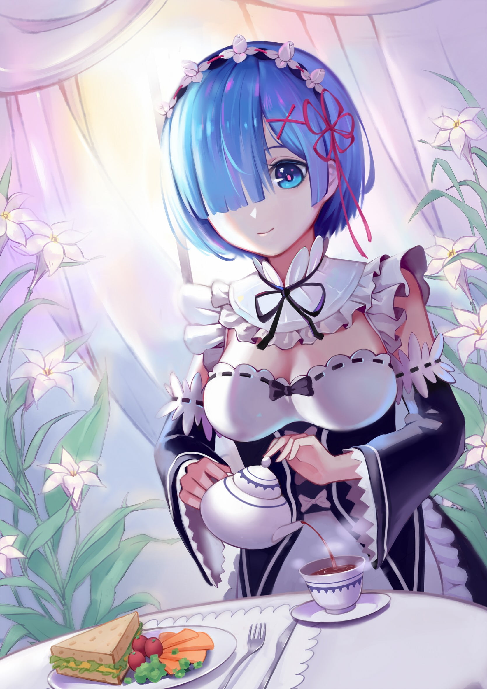 anime, lighting equipment, flowering plant, short hair, human representation, plate, no people, table, anime girls, still life, event, Re:Zero Kara Hajimeru Isekai Seikatsu, Phone HD Wallpaper