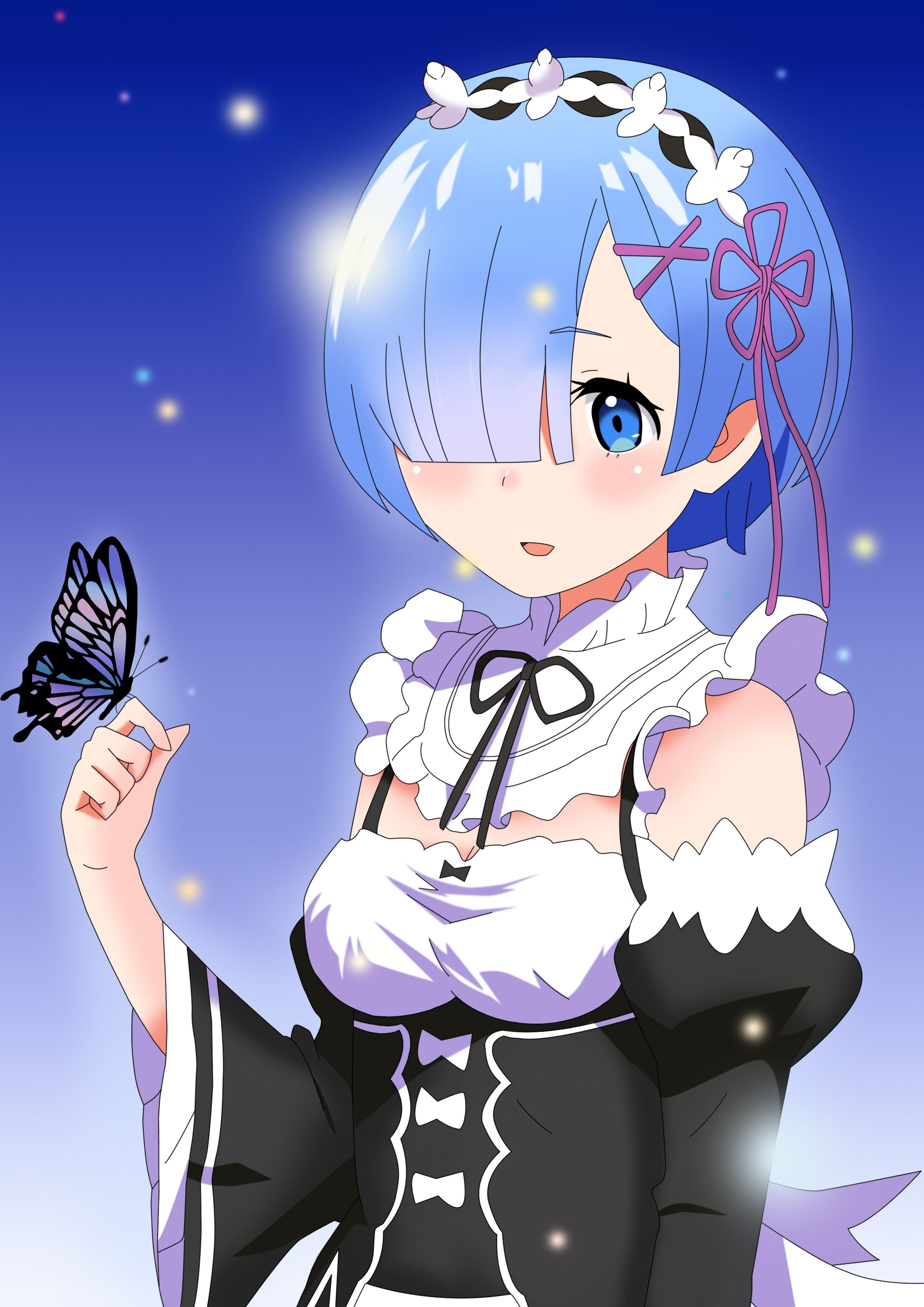 Re:Zero Kara Hajimeru Isekai Seikatsu, butterfly, blue hair, anime girls, 2K, maid, short hair, anime, Rem (Re: Zero), blue eyes, open shirt, cleavage, Phone HD Wallpaper