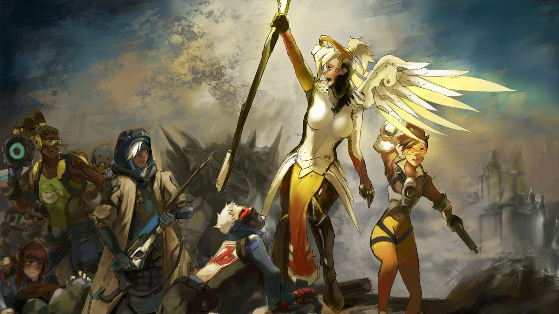 Mercy (Overwatch), art and craft, Overwatch, people, built structure, architecture, Video Game Art, event, representation, festival, women, group of people, HD Wallpaper