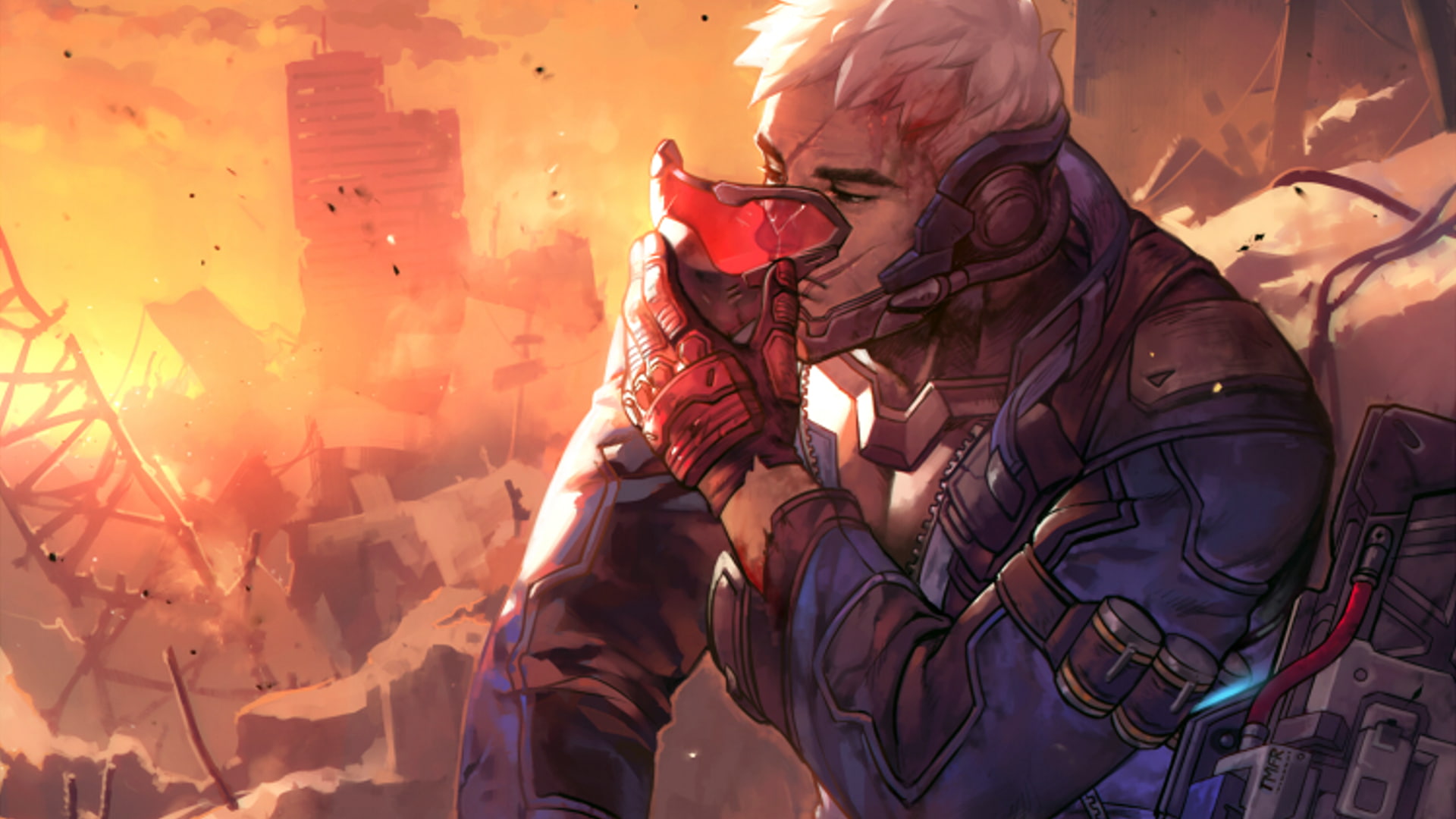 Soldier: 76, gun, white hair, gloves, mask, 1080P, war, building, Overwatch, scars, HD Wallpaper