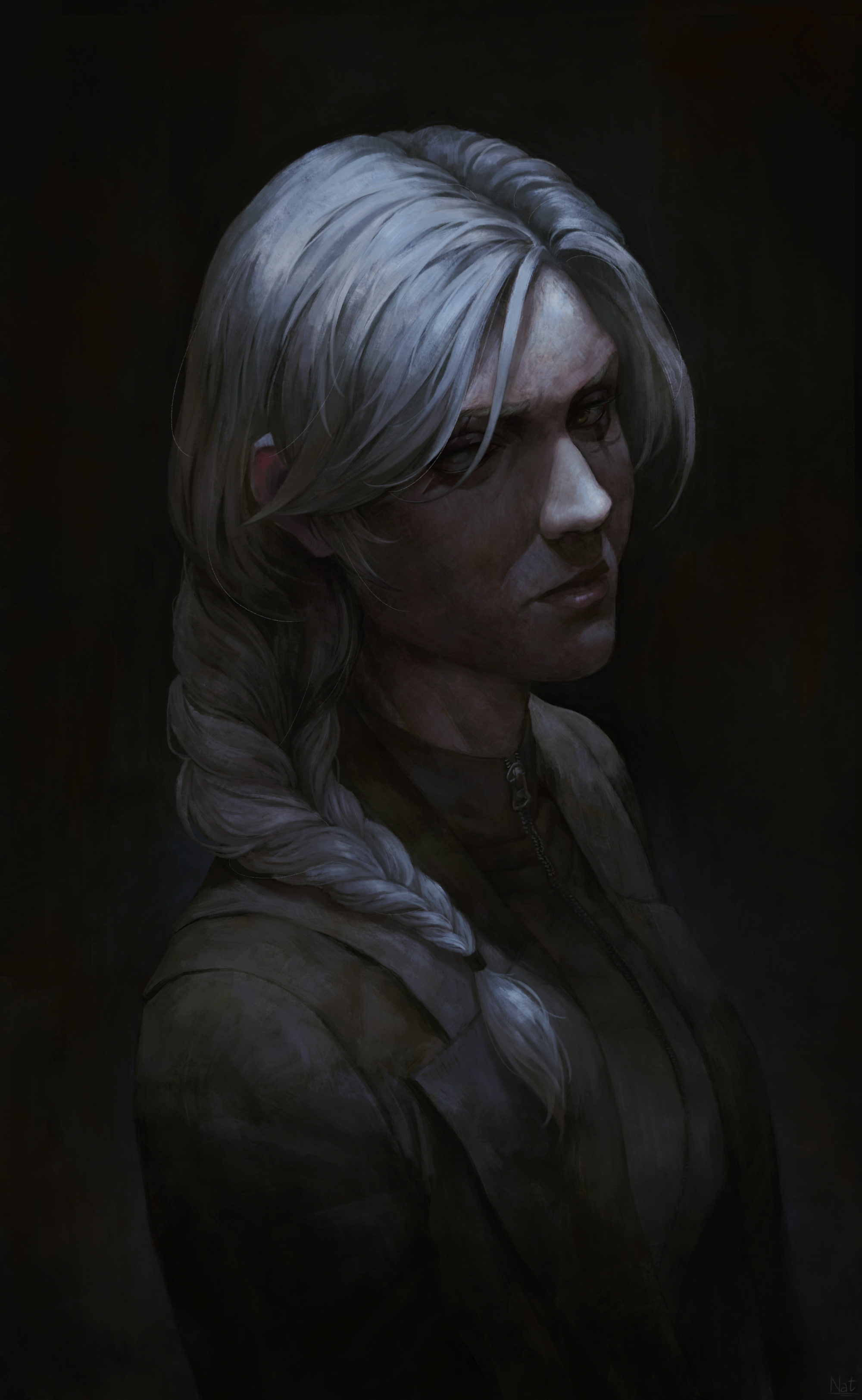 studio shot, hairstyle, women, spooky, braid, contemplation, ana, adult, art and craft, hair, 2K, one person, white hair, black background, sadness, dark, Phone HD Wallpaper