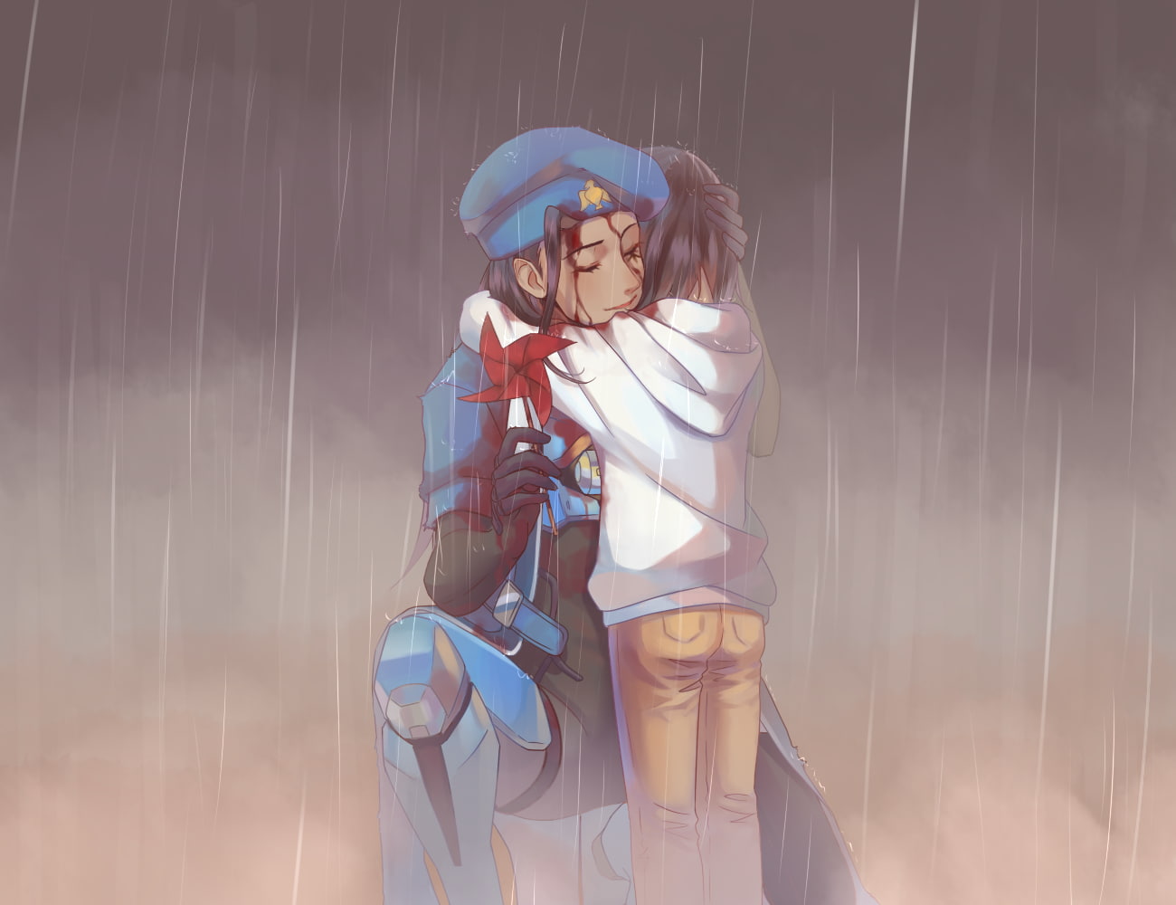 hugging, 720P, Overwatch, Pharah (Overwatch), rain, Ana (Overwatch), HD Wallpaper