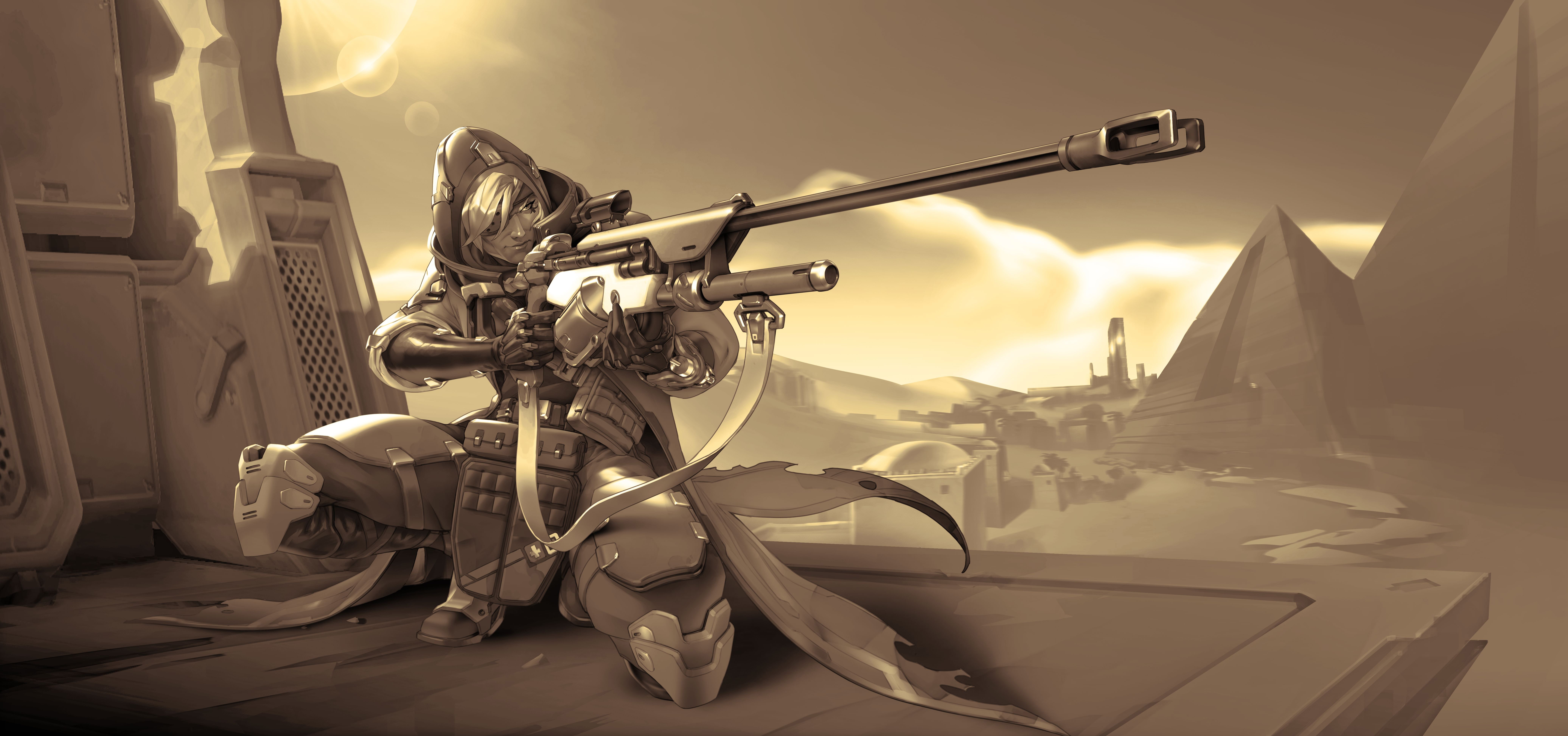 Overwatch, Ana Amari, 8K, pyramid, Bounty Hunter, weapons, shooter, HD Wallpaper