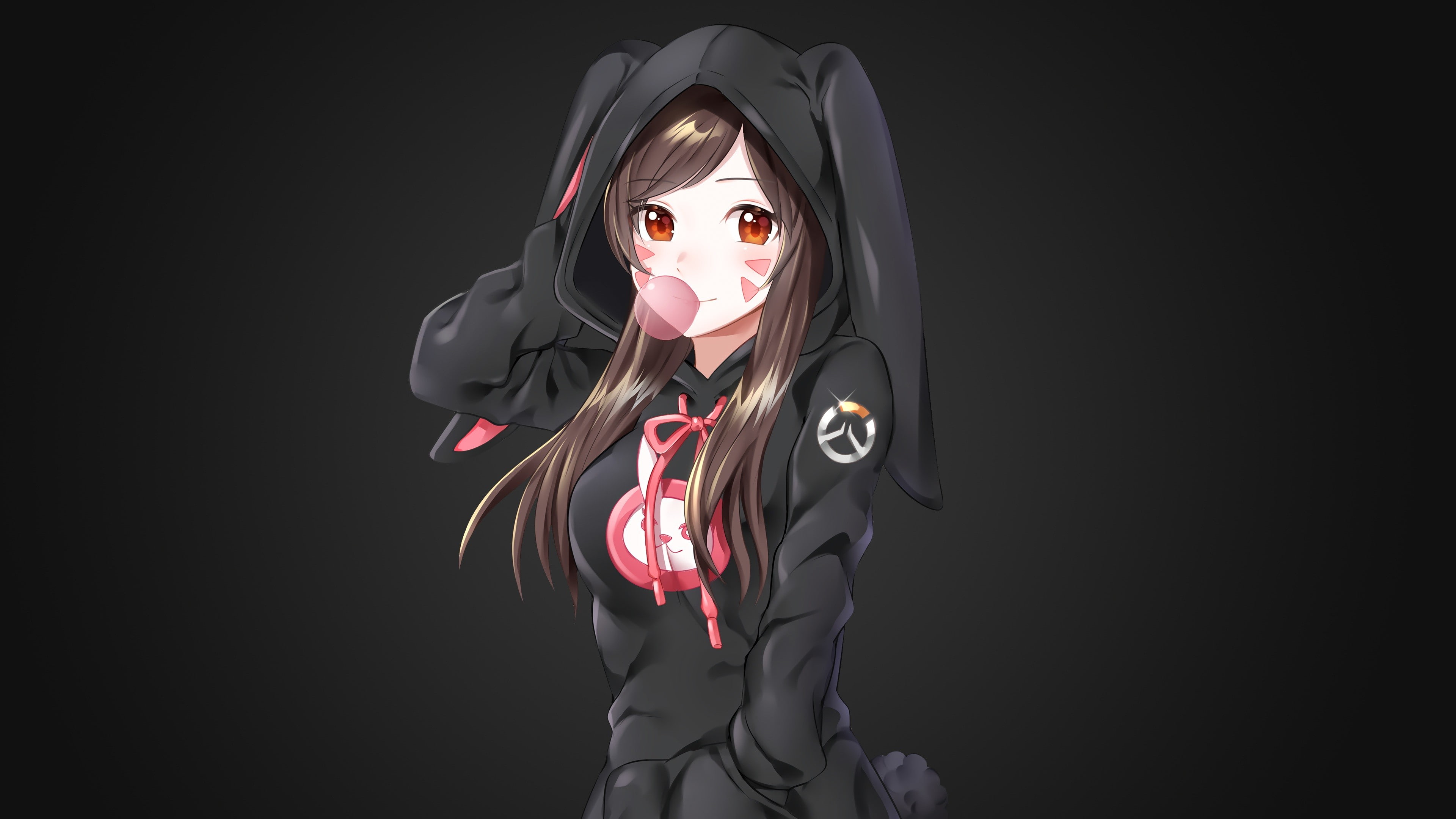 4K, animal ears, tail, anime girls, brunette, bubblegum, Overwatch, D.Va (Overwatch), bunny ears, red eyes, anime, long hair, HD Wallpaper