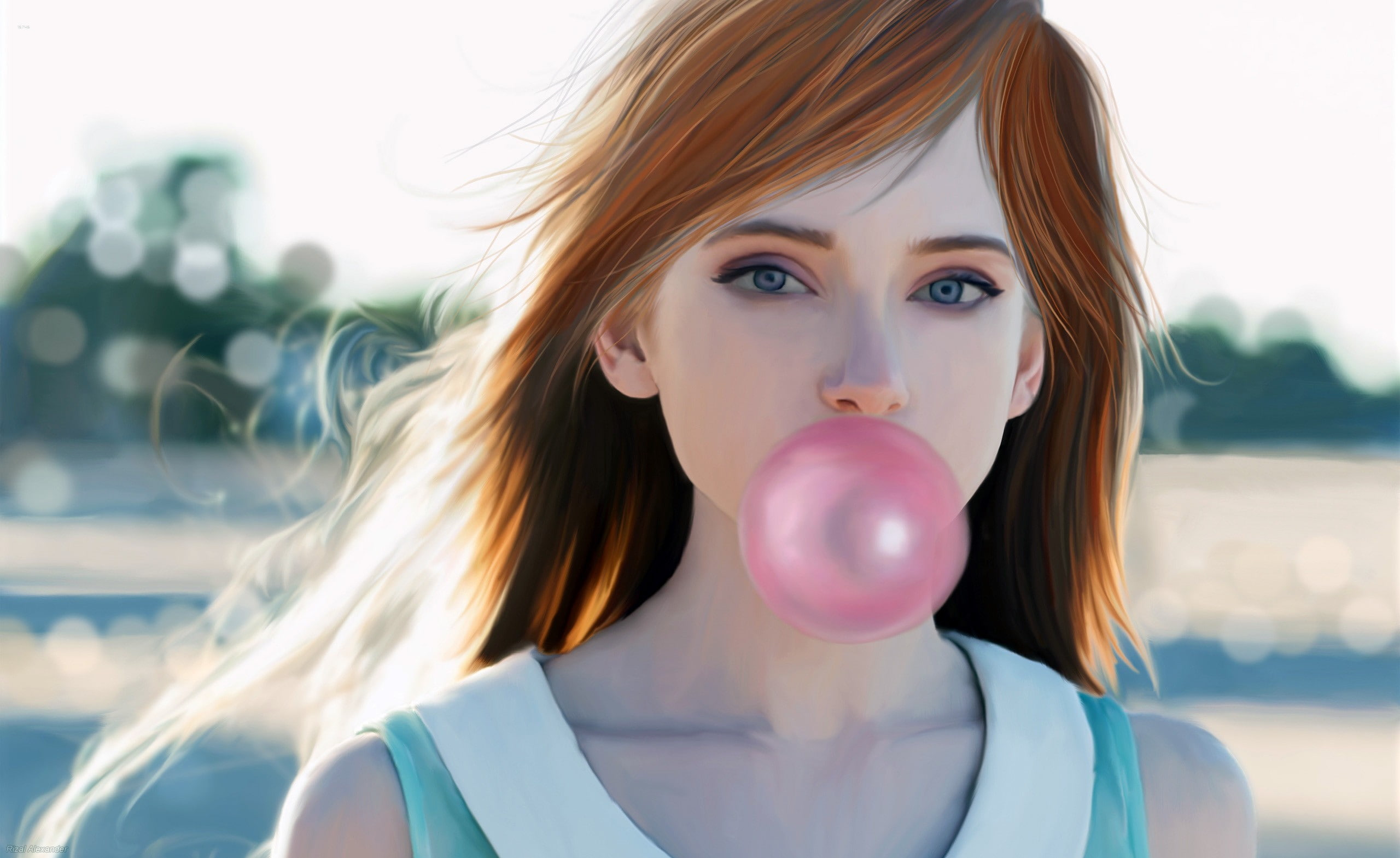 women, 2K, bubblegum, artwork, redhead, HD Wallpaper