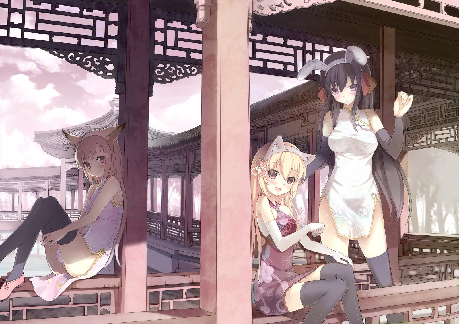 anime, window, 720P, female likeness, sculpture, bunny ears, male likeness, festival, cat ears, art and craft, arts culture and entertainment, built structure, HD Wallpaper