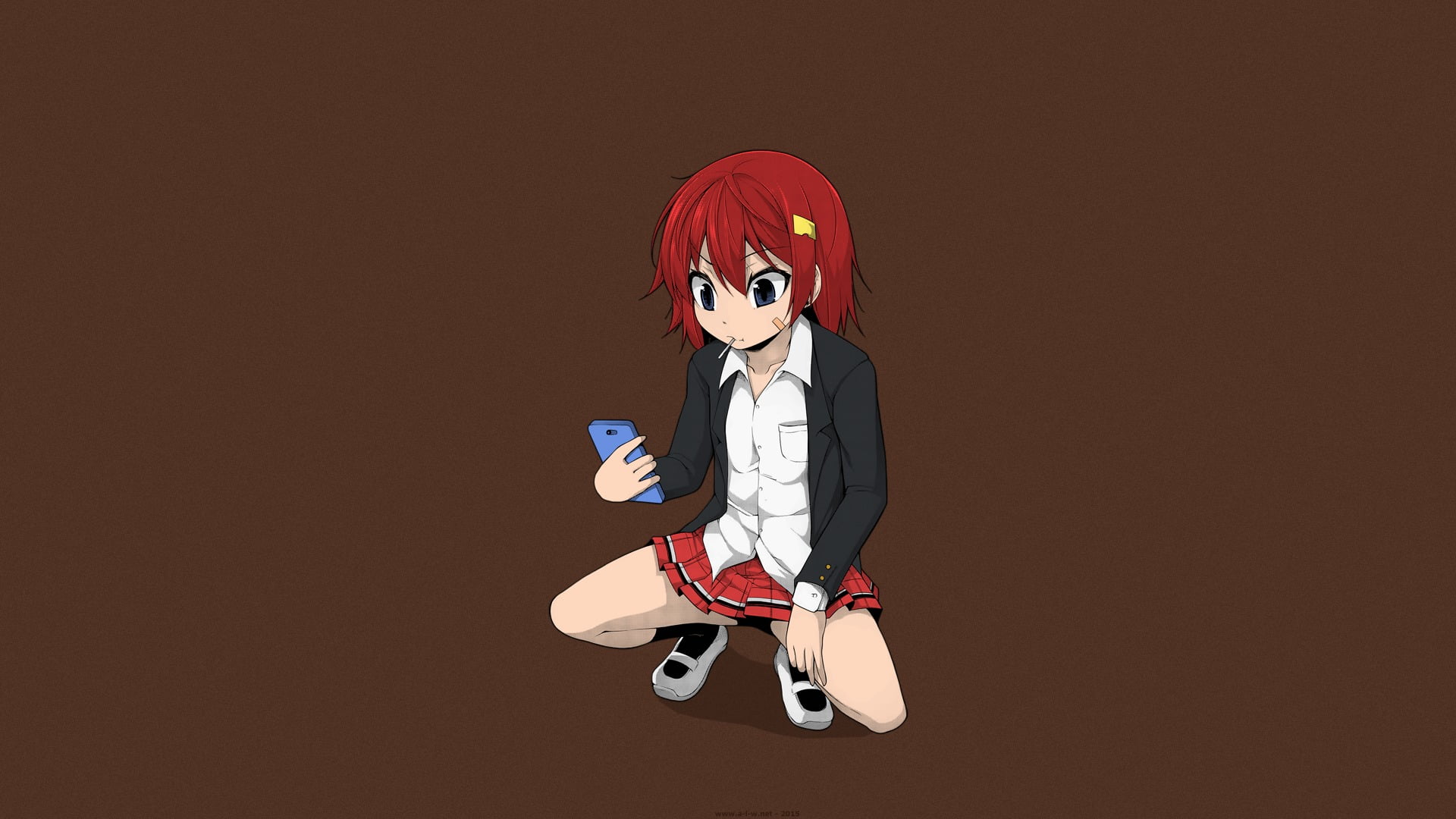 studio shot, anime, offspring, costume, child, women, dressing up, portrait, phone, short skirt, high angle view, blue eyes, indoors, childhood, redhead, HD Wallpaper
