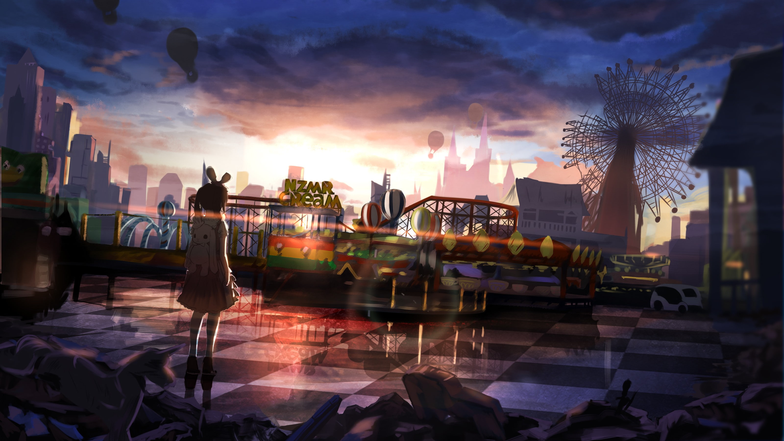 anime, 2K, sunset, bunny ears, original characters, anime girls, ferris wheel, city, clouds, twintails, HD Wallpaper