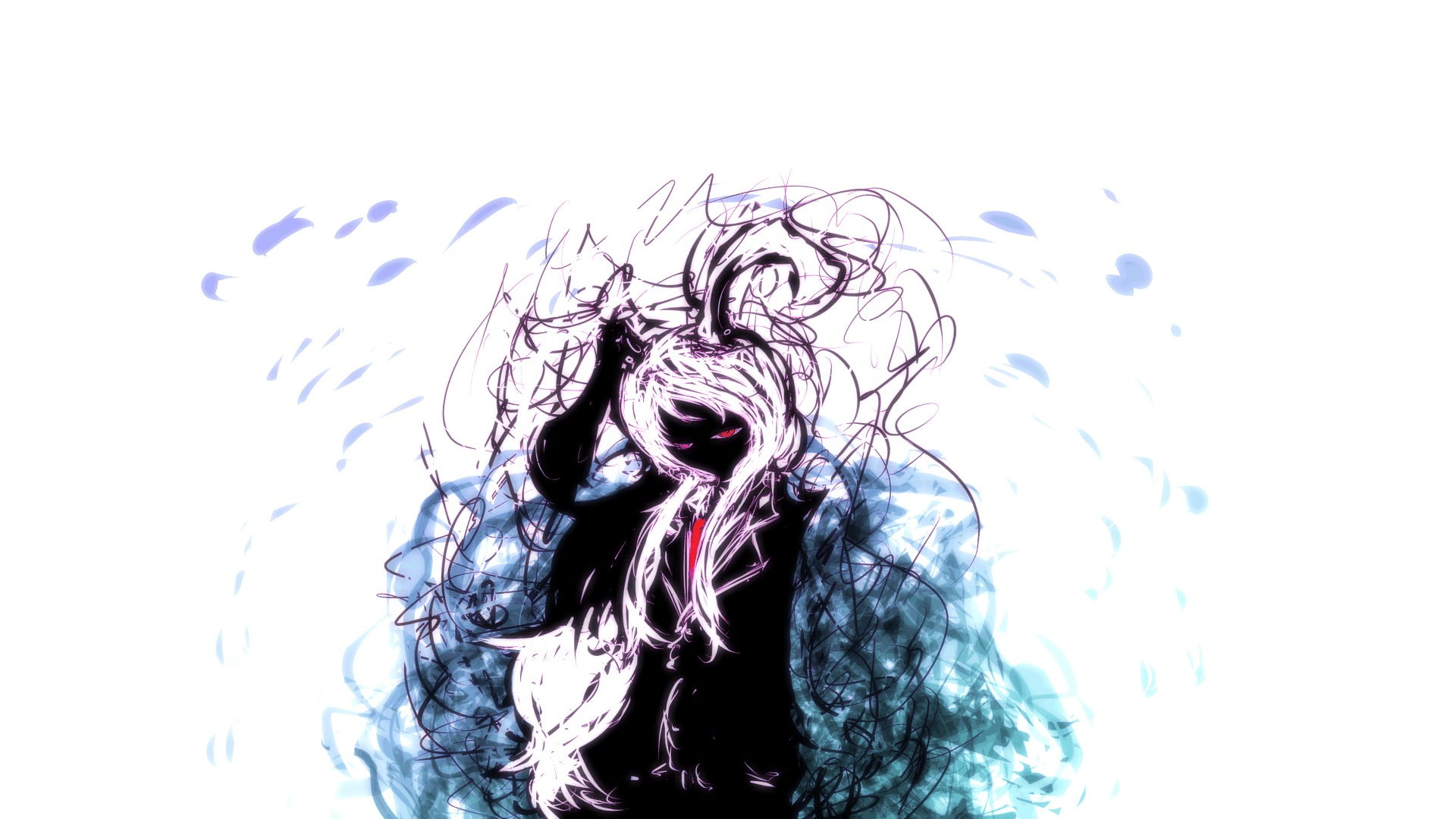 wet, digital, portrait, adult, mouth, human body part, headshot, white, white background, black, blue, hair, women, motion, Touhou, indoors, HD Wallpaper