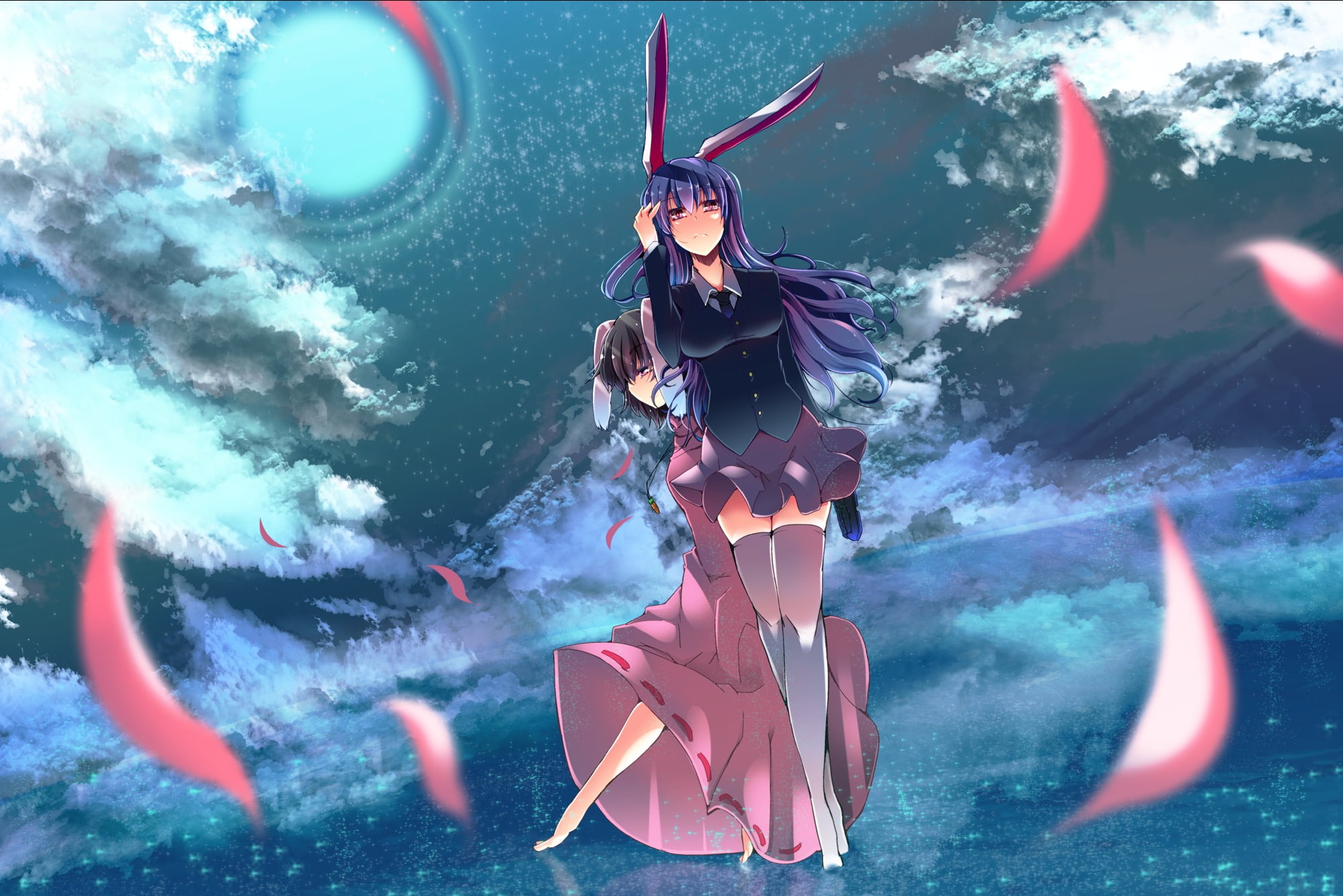 anime girls, craft, nature, sea, anime, cloud - sky, sky, Touhou, water, outdoors, Inaba Tewi, animal wildlife, underwater diving, motion, 1080P, real people, HD Wallpaper