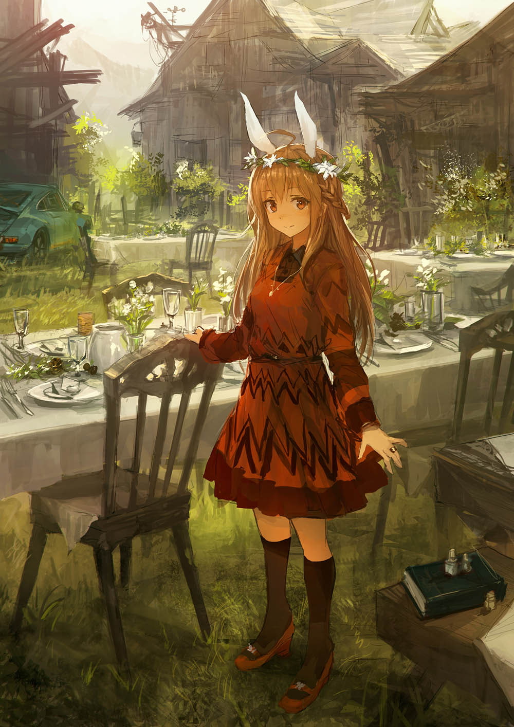 food, necklace, bunny ears, table, one person, disguise, 720P, dress, females, holding, real people, mask, chair, day, costume, food and drink, women, Phone HD Wallpaper