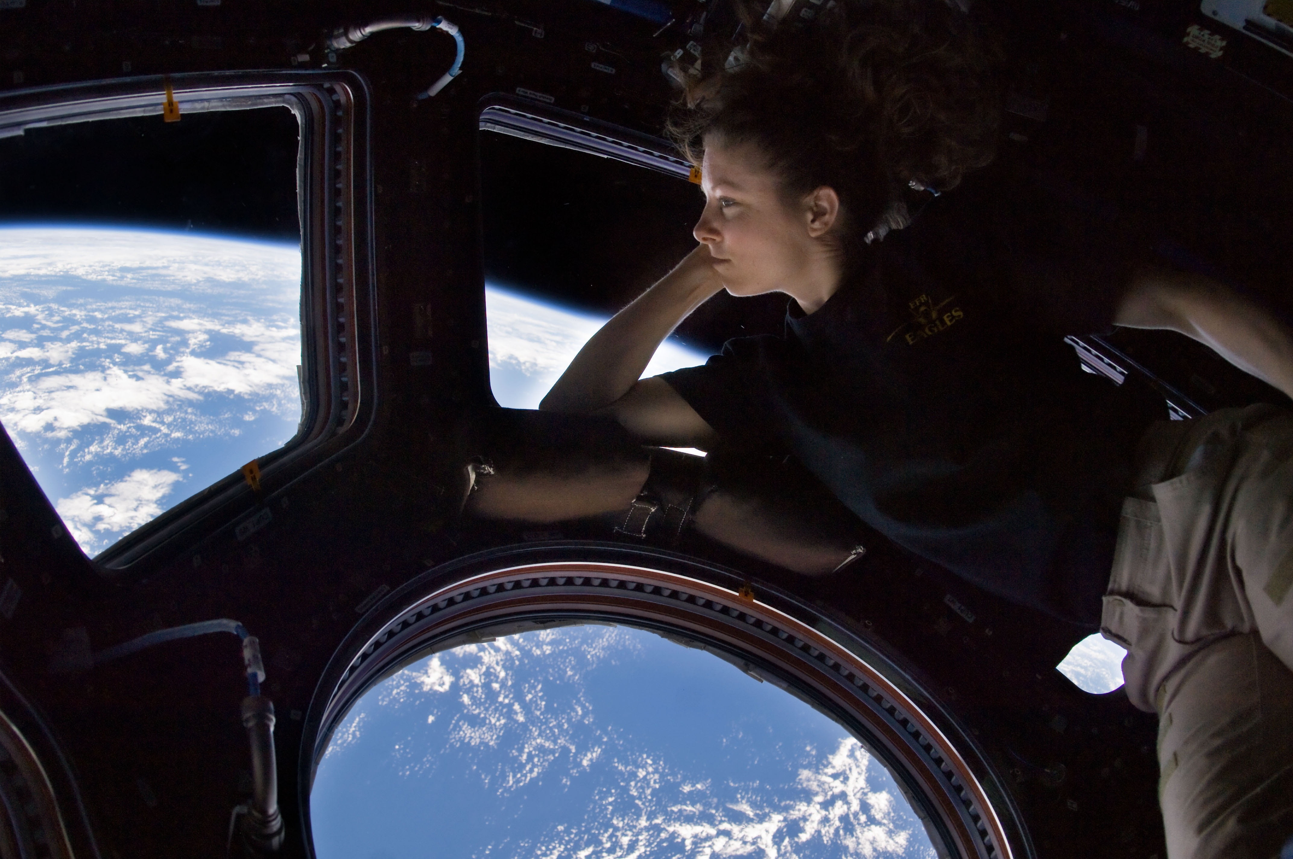 globe, young adult, airplane, uniform, window, international space station, flying, 4K, air vehicle, earth, looking, adult, sky, astronaut, woman, transportation, HD Wallpaper