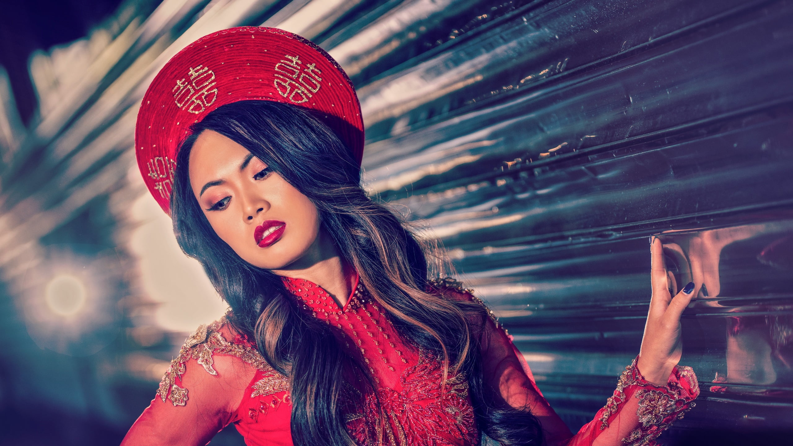 red lipstick, dark hair, Asian, model, women, makeup, 2K, Tracie Dang, HD Wallpaper