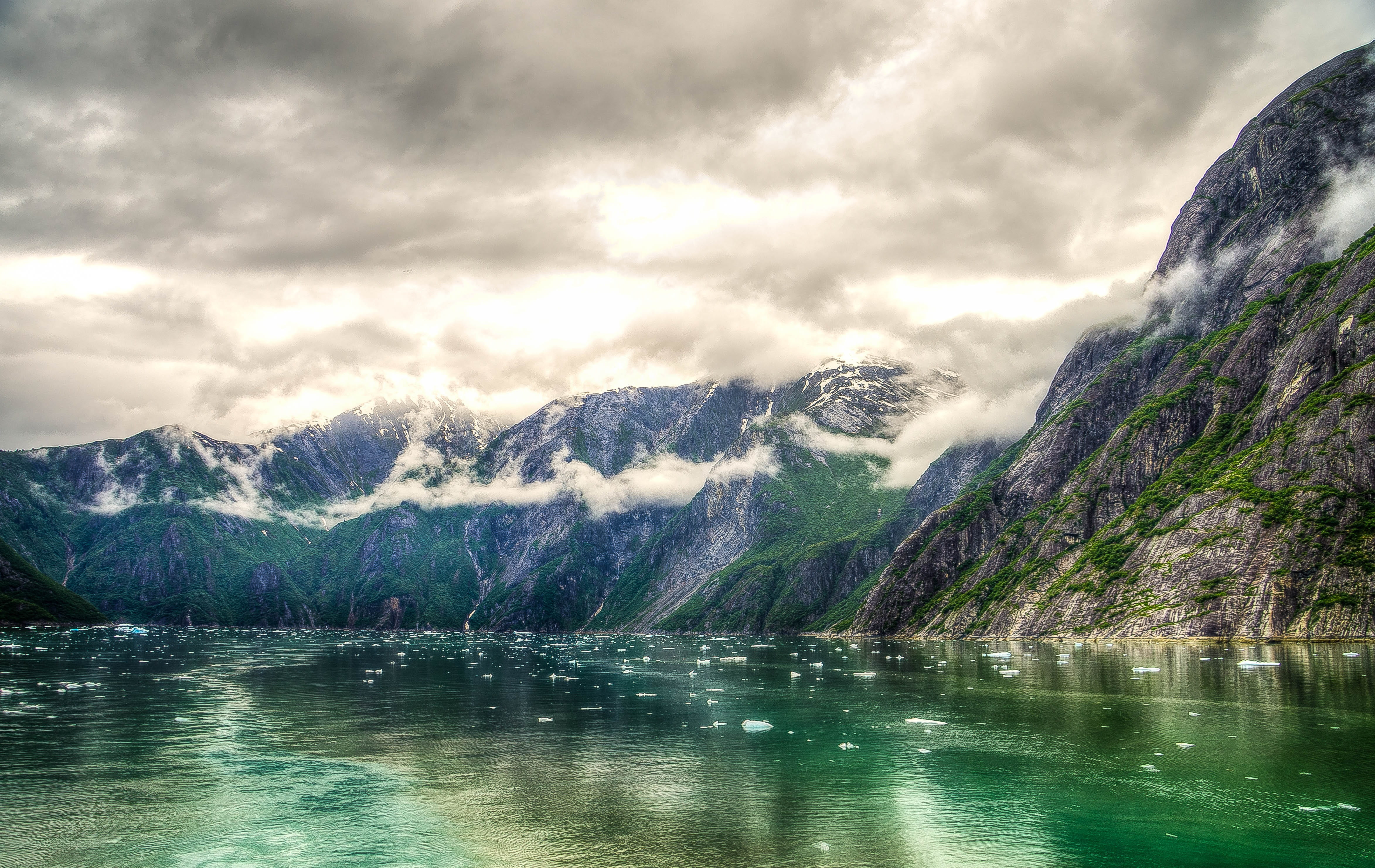 rocks, near, waterfront, reflection, snow, water, ice chunks, no people, snowcapped mountain, icy, cloud - sky, nature, tracy arm fjord, mountain range, HD Wallpaper