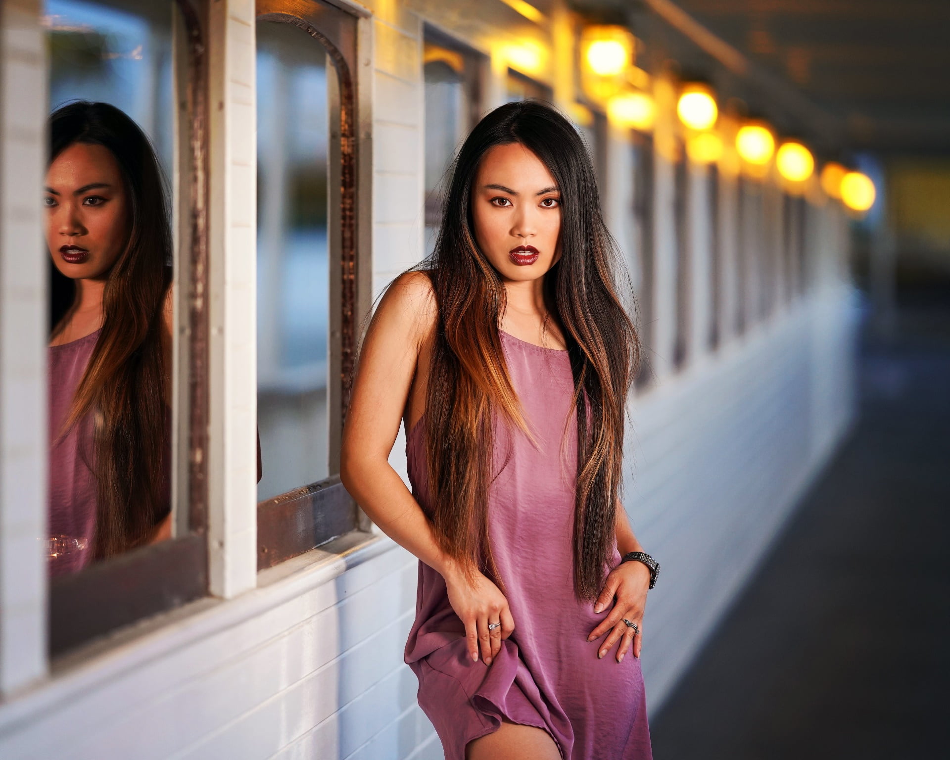 model, women, 1080P, makeup, urban, reflection, women outdoors, Tracie Dang, Asian, long hair, standing, HD Wallpaper