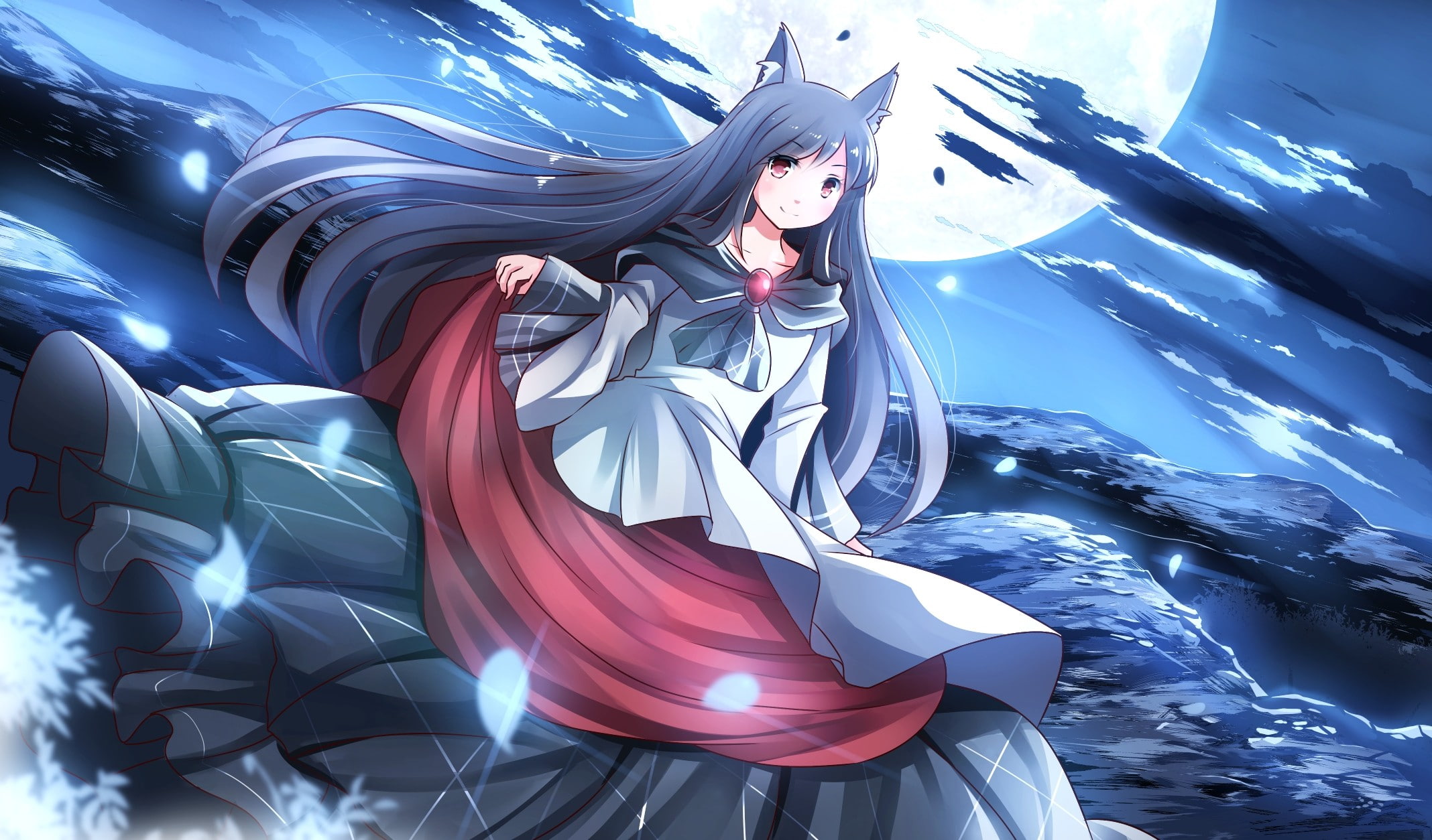 animal ears, anime, Imaizumi Kagerou, night, 1080P, Touhou, Moon, long hair, red eyes, anime girls, HD Wallpaper