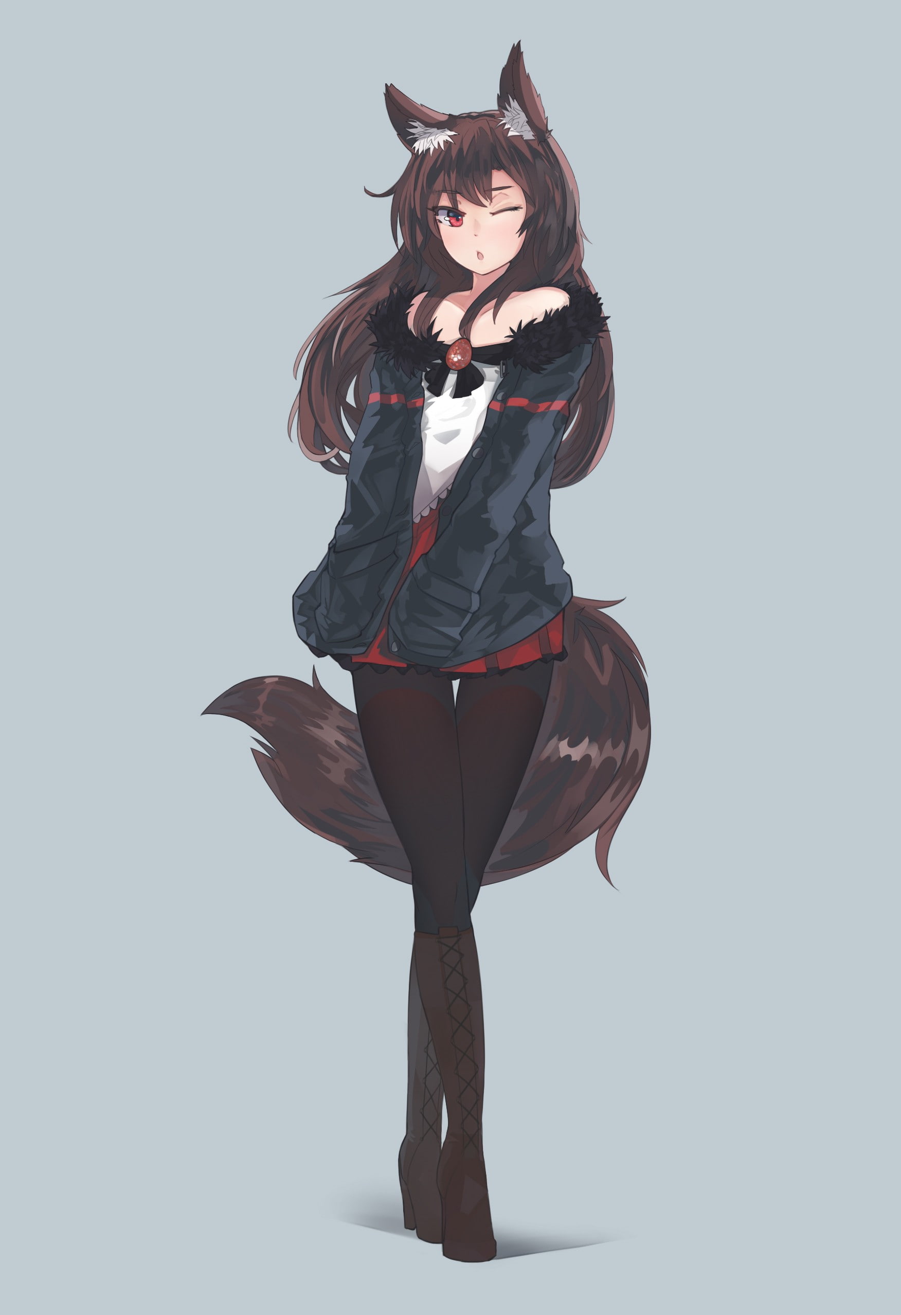 long hair, tail, skirt, Touhou, animal ears, 1080P, Imaizumi Kagerou, anime girls, red eyes, brunette, anime, Phone HD Wallpaper