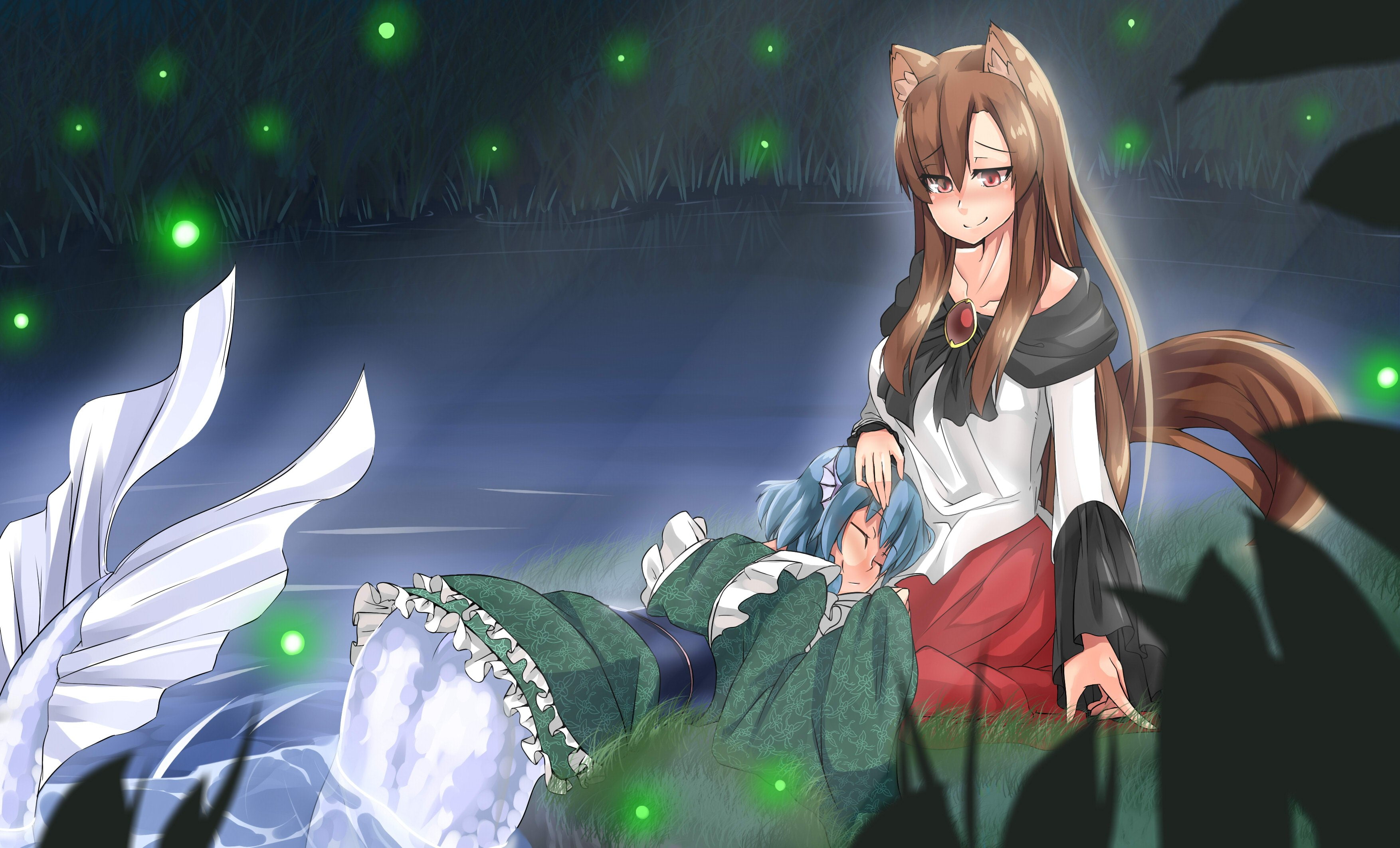 wolfgirl, 2K, hair, kagerou, grass, wakasagihime, clothes, eyes, kimono, red, long, dress, brown, mermaid, water, touhou, tail, japanese, imaizumi, HD Wallpaper