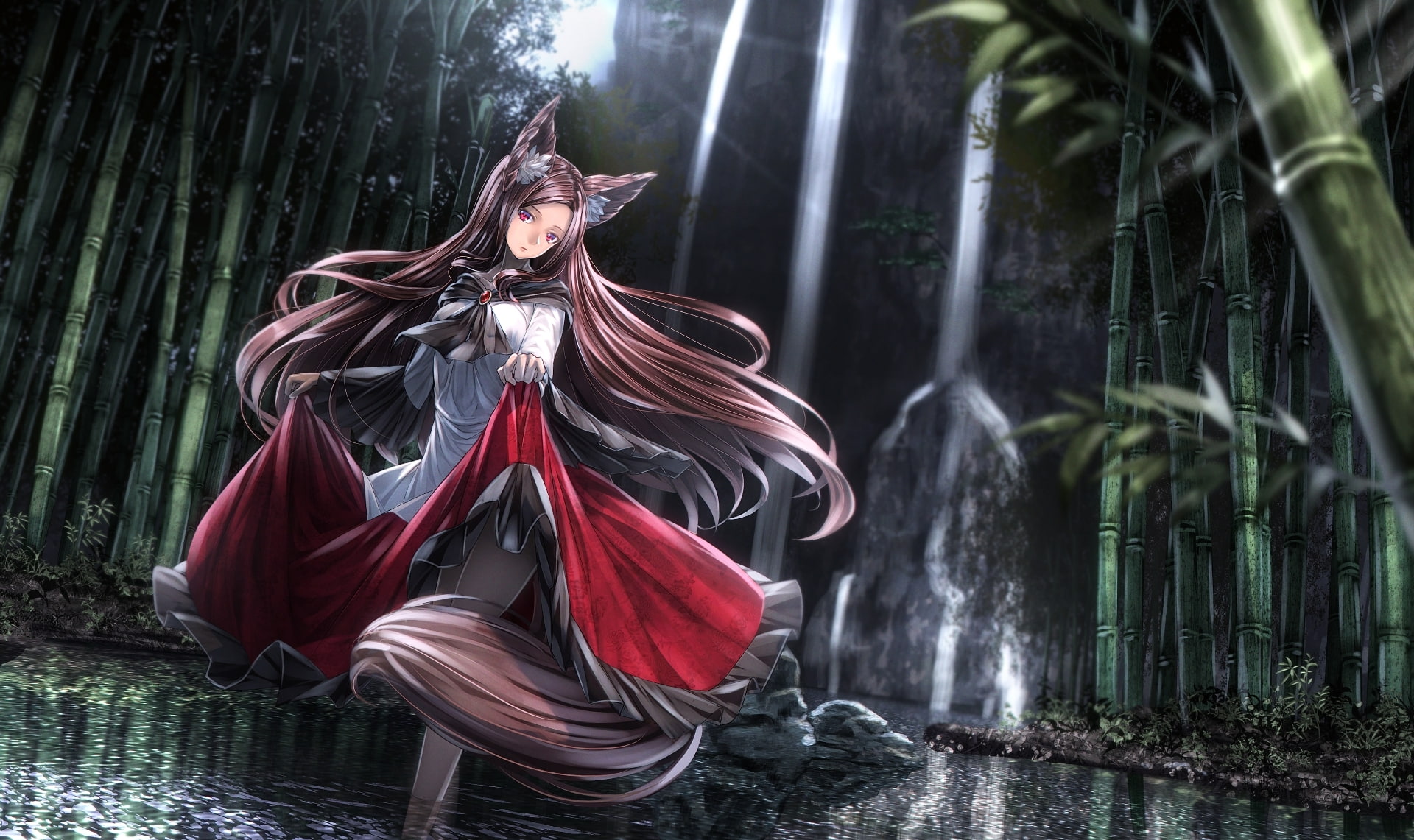 hairstyle, full length, water, plant, nature, rain, adult, young adult, one person, standing, dress, touhou, religion, 1080P, land, tree, waterfall, woodland, HD Wallpaper