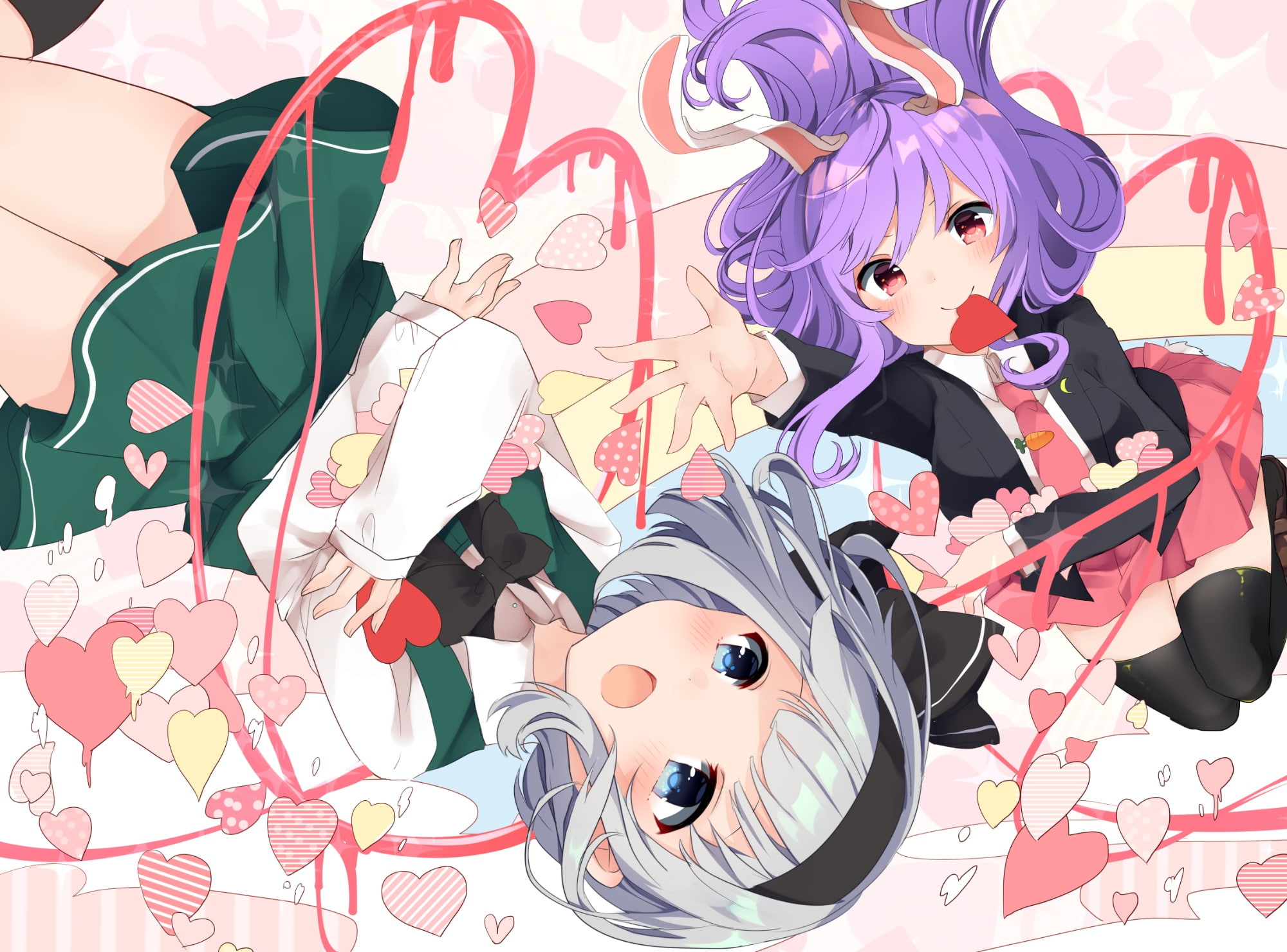 aqua, animal, kneehighs, girls, 1080P, tie, long, touhou, bunny, suit, heart, red, white, ears, bow, blush, hair, valentine, bunnygirl, eyes, short, HD Wallpaper