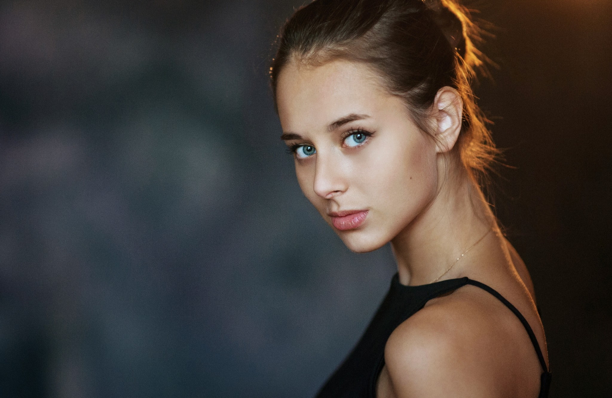 Olesya Grimaylo, portrait, face, 1080P, brunette, women, blue eyes, HD Wallpaper