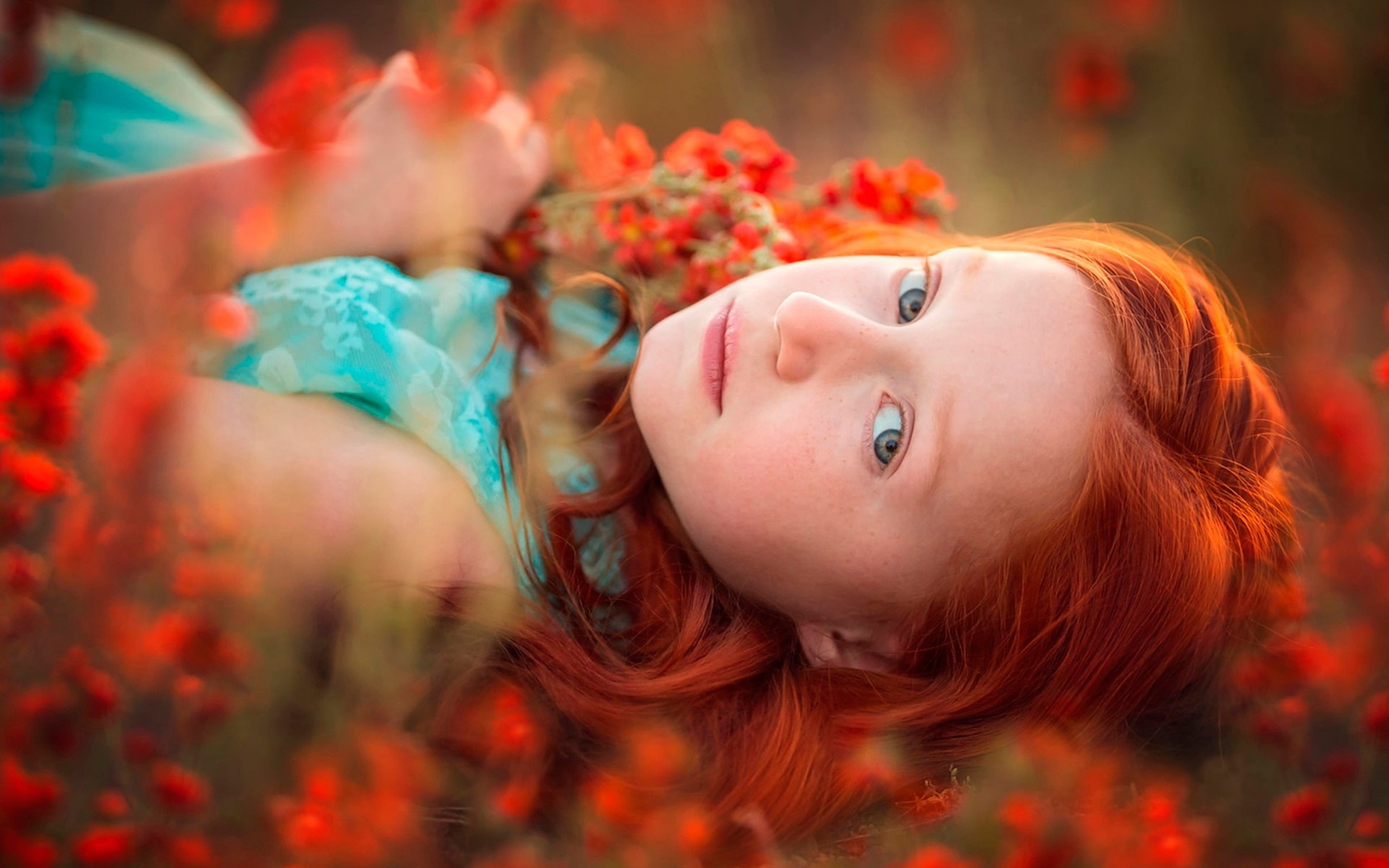 Hair, Lying, Girl, Red, 1080P, sleeveless, dress, s, Flowers, teal, HD Wallpaper