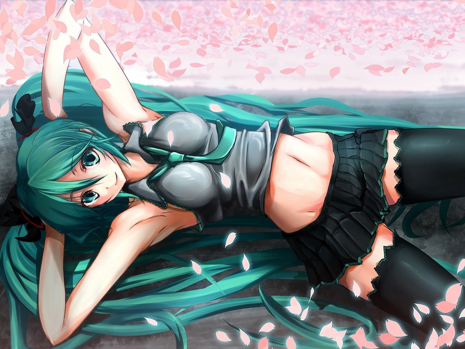 hatsune miku, hatsune, miku, girl, 1080P, hair, character, lying, belly, girls, green, green hair, long, anime girls, animated, teal, anime, HD Wallpaper