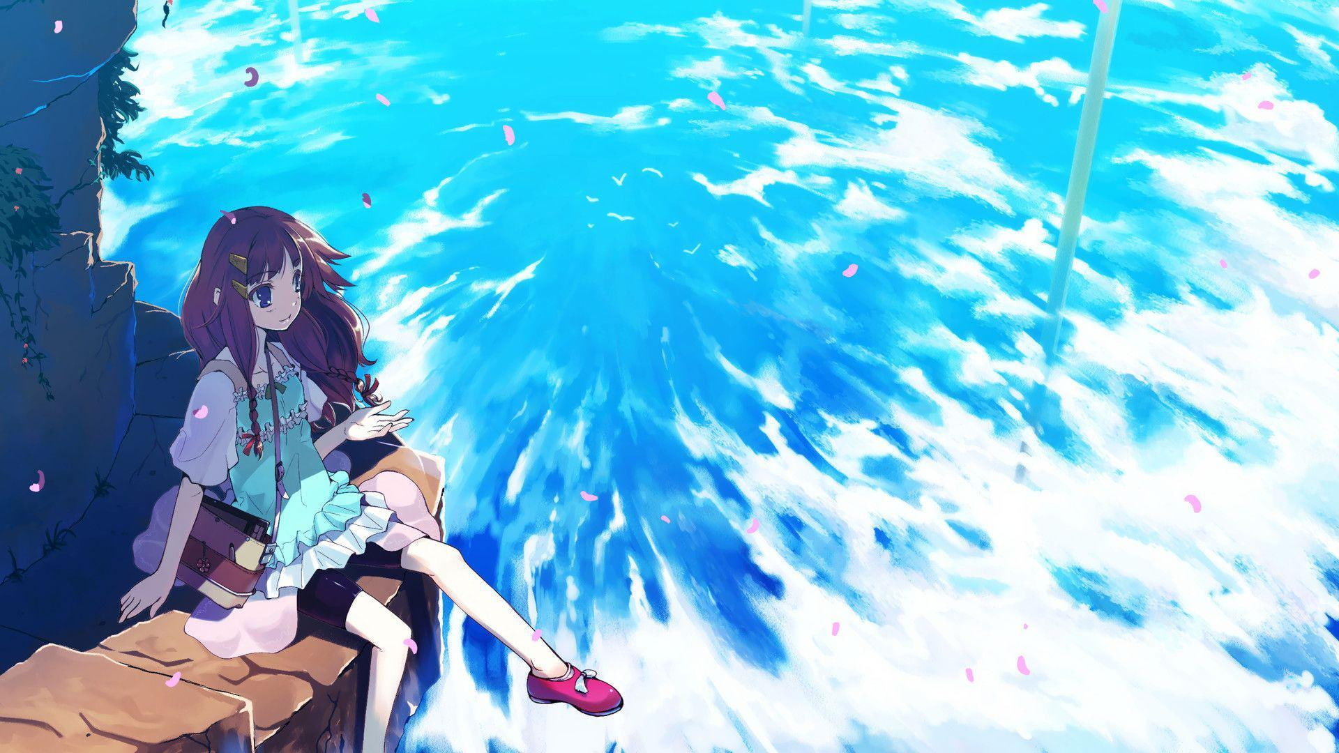 brown, dress, teal, girl, cliff, water, resting, haired, 1080P, 1920x1080, anime, HD Wallpaper