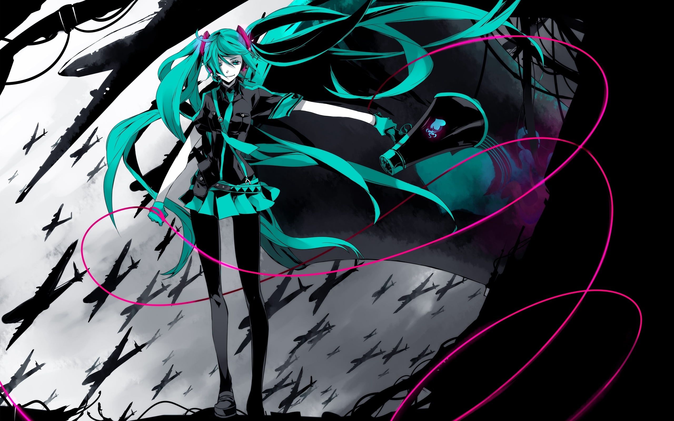 backgrounds, dress, still life, black Color, teal, illustration, turquoise colored, girl, character, arts culture and entertainment, connection, hatsune miku, HD Wallpaper