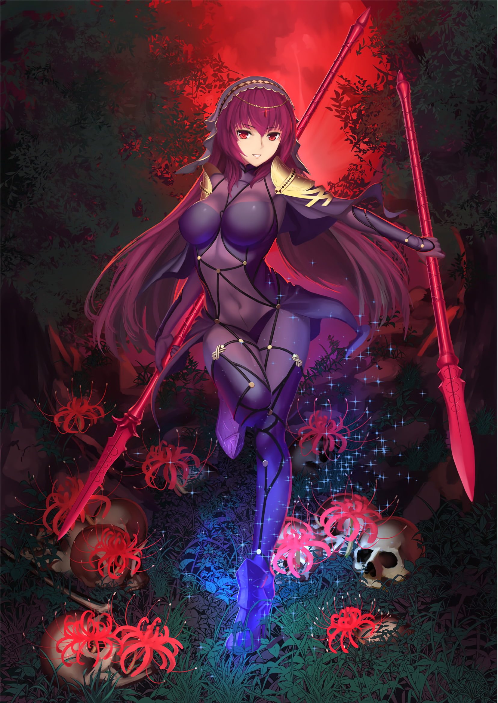 Fate Series, bodysuit, red eyes, redhead, Scathach ( FateGrand Order ), FateGrand Order, long hair, 1080P, anime, weapon, anime girls, Phone HD Wallpaper