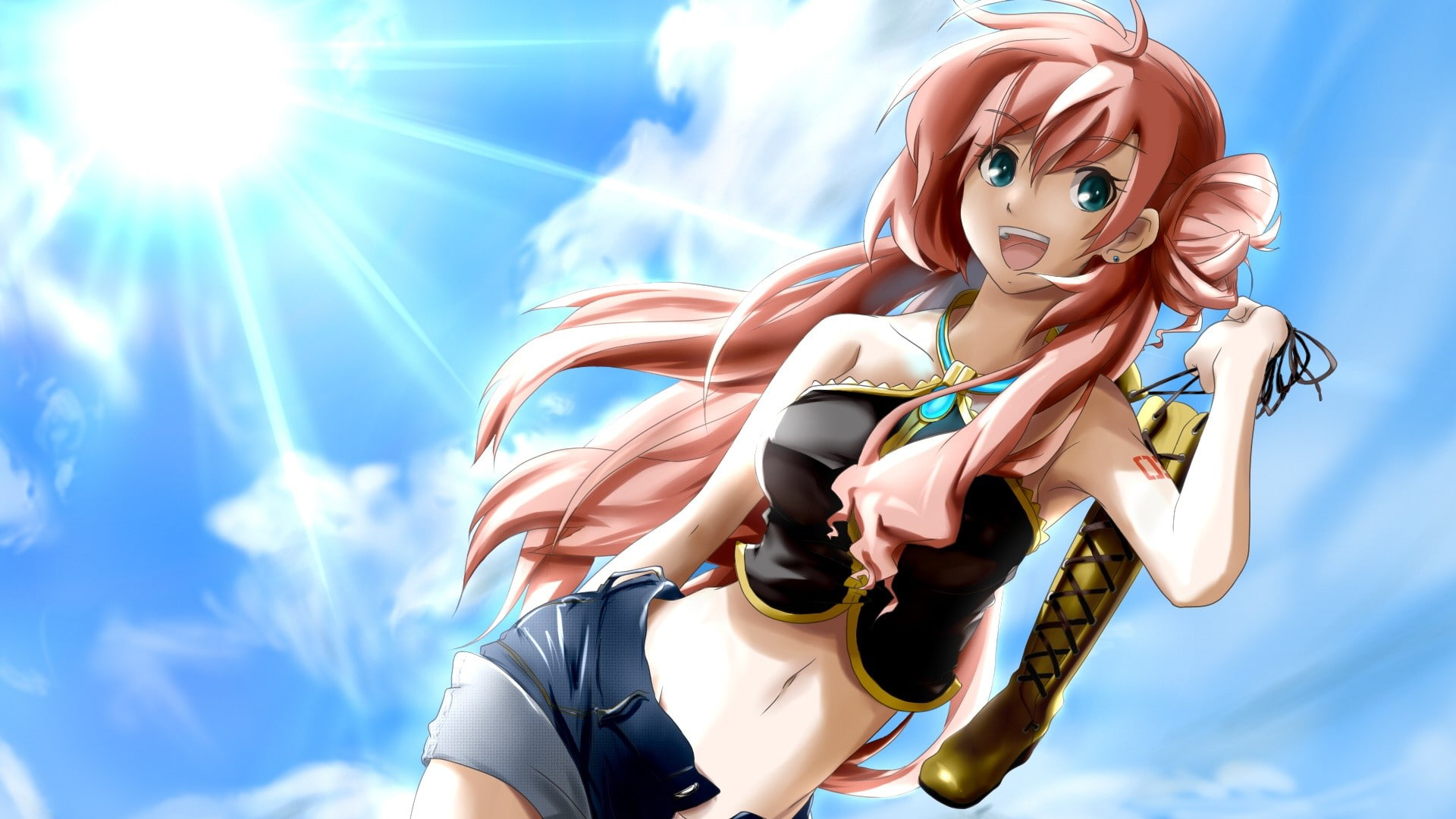 brunette, Vocaloid, smiling, 1080P, long hair, anime girls, Megurine Luka, anime, HD Wallpaper