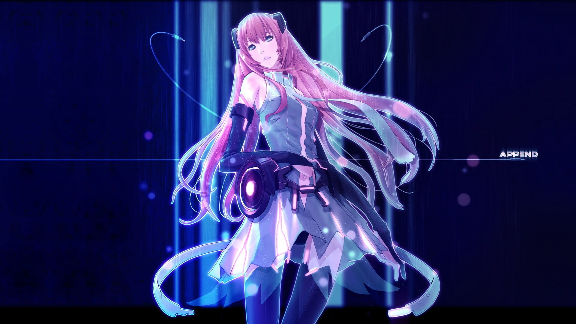 glowing, cable, purple, creativity, anime girls, Vocaloid, illuminated, anime, indoors, 1080P, blurred motion, night, long exposure, light trail, futuristic, HD Wallpaper