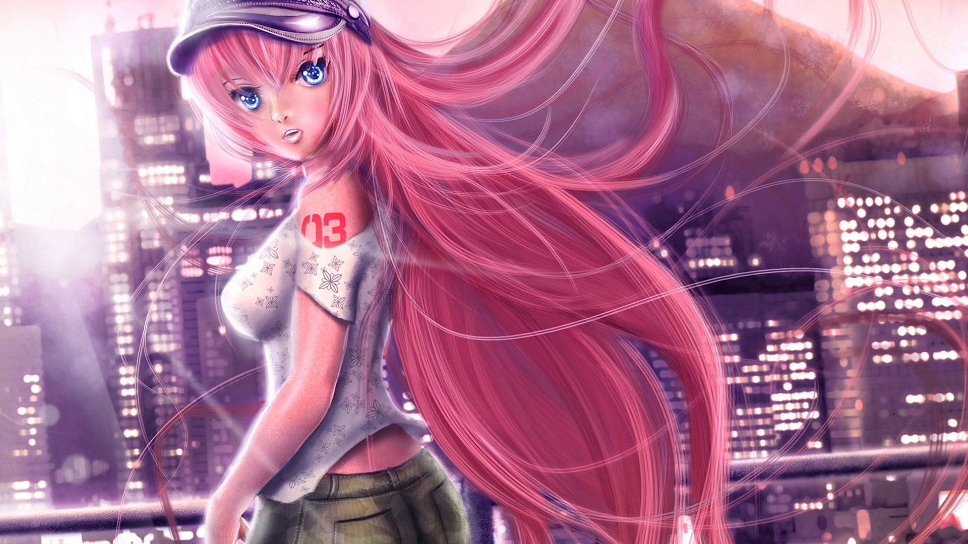 hairstyle, 1080P, looking at camera, long hair, Vocaloid, fashion, one person, women, night, beauty, Megurine Luka, city, portrait, anime girls, young adult, HD Wallpaper