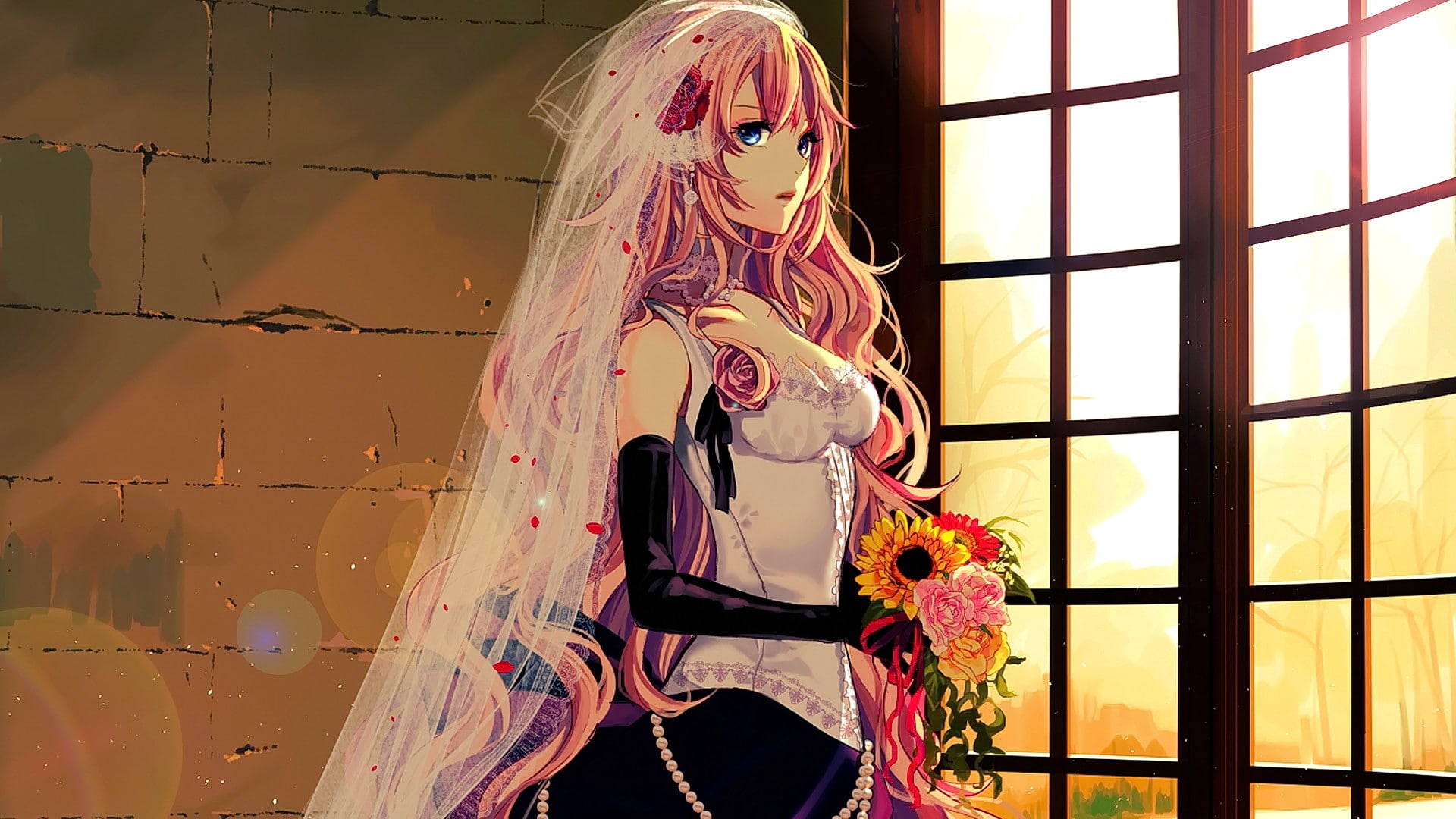 wedding dress, festival, flowers, indoors, celebration, glass - material, female likeness, built structure, nature, window, Megurine Luka, architecture, HD Wallpaper