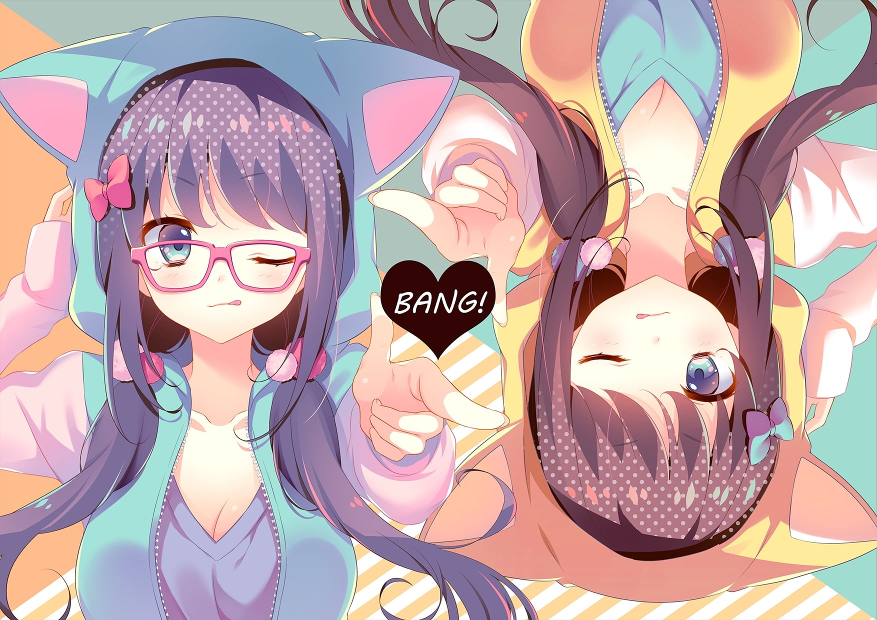 lifestyles, meganekko, human representation, text, cute, pink color, adult, multi colored, representation, real people, close-up, wink, hoodie, day, Anime, HD Wallpaper