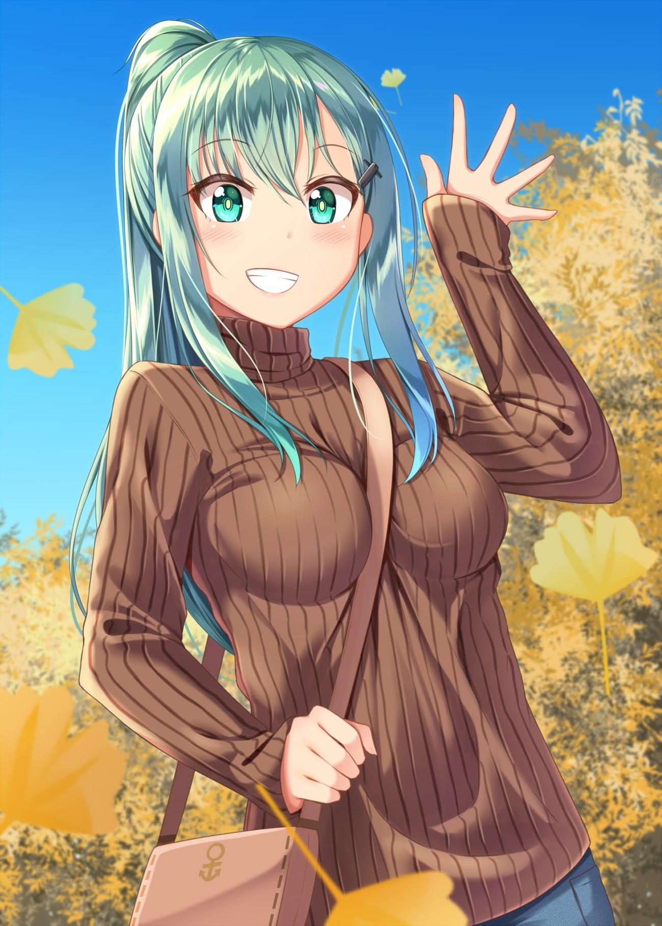 beauty, waist up, sweater, Suzuya (KanColle), looking at camera, anime, blond hair, holding, nature, sky, aqua eyes, adult, aqua hair, long hair, outdoors, Phone HD Wallpaper