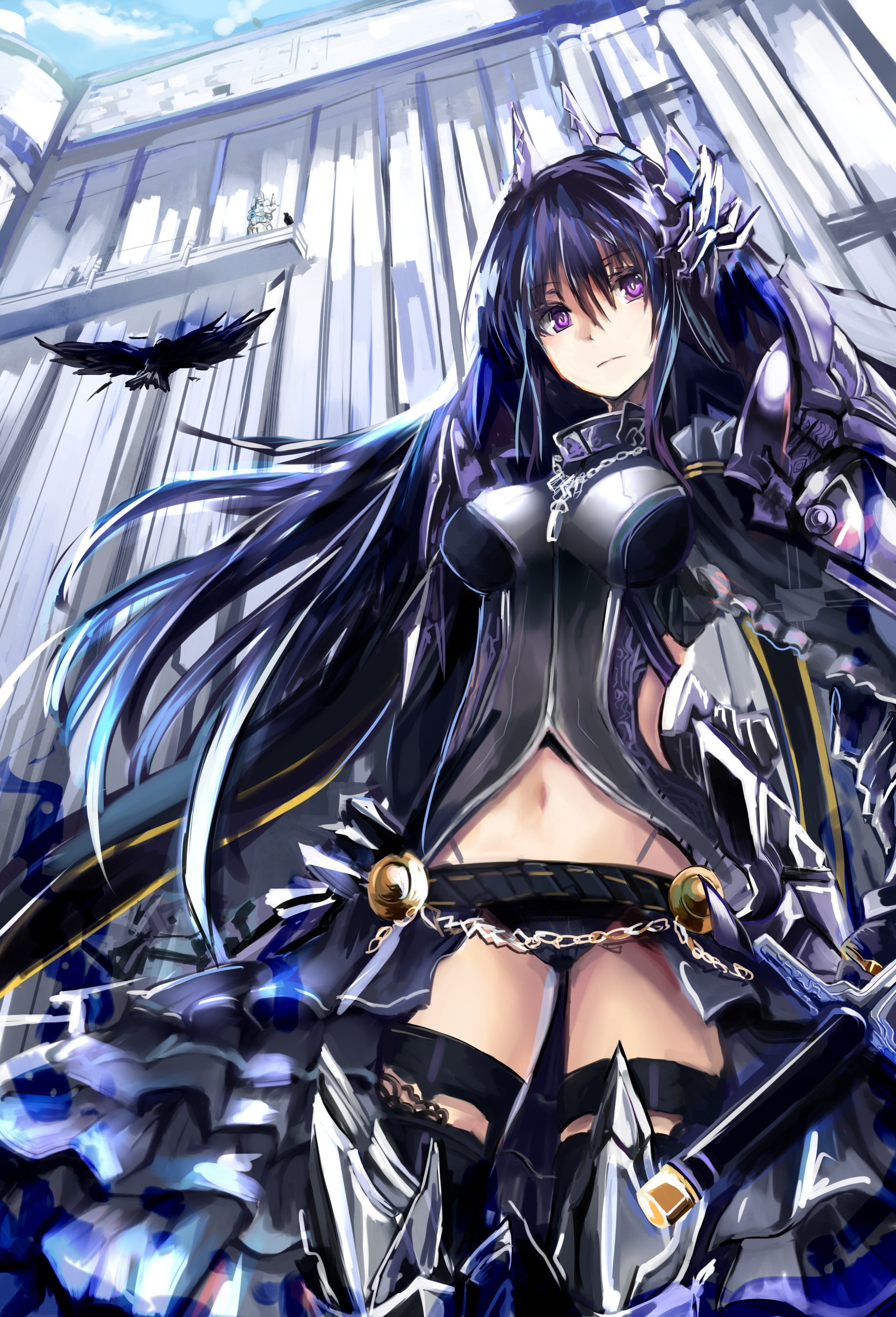 Purple Eyes, Skirt, Corsets, weapon, 2K, highs, Zettai Ryouiki, Anime Girls, Micro Skirt, knee, Long Hair, sword, panties, anime, Phone HD Wallpaper