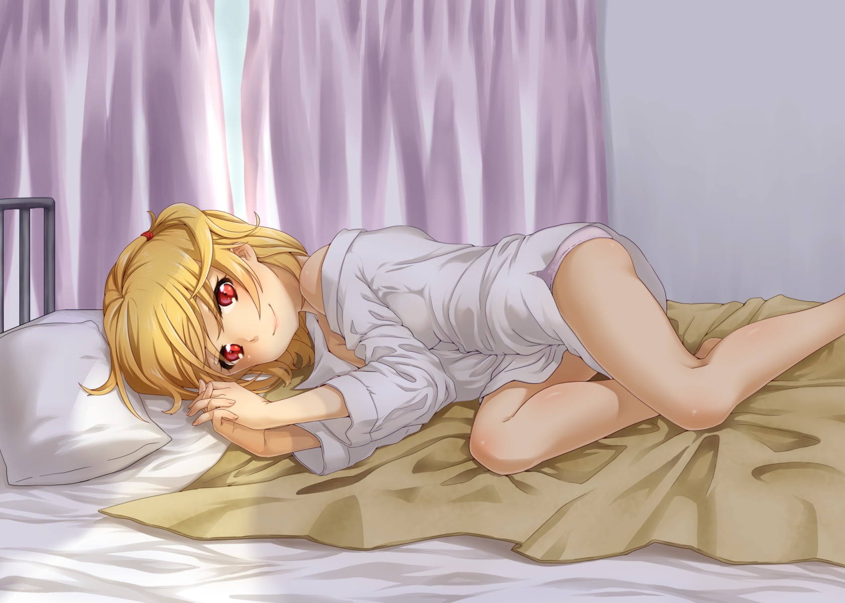 shirane, clothing, women, beautiful woman, lying down, blonde, red, real people, hair, young women, indoors, lying on back, bed, rumia, hairstyle, furniture, HD Wallpaper