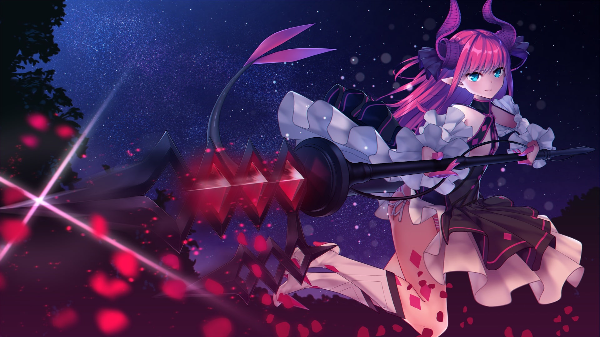 stars, dress, underwear, night, chest, eyes, panties, boots, ribbons, petals, tree, sky, weapon, konachan, 1080P, 257347, long, com, flat, spear, aqua, HD Wallpaper
