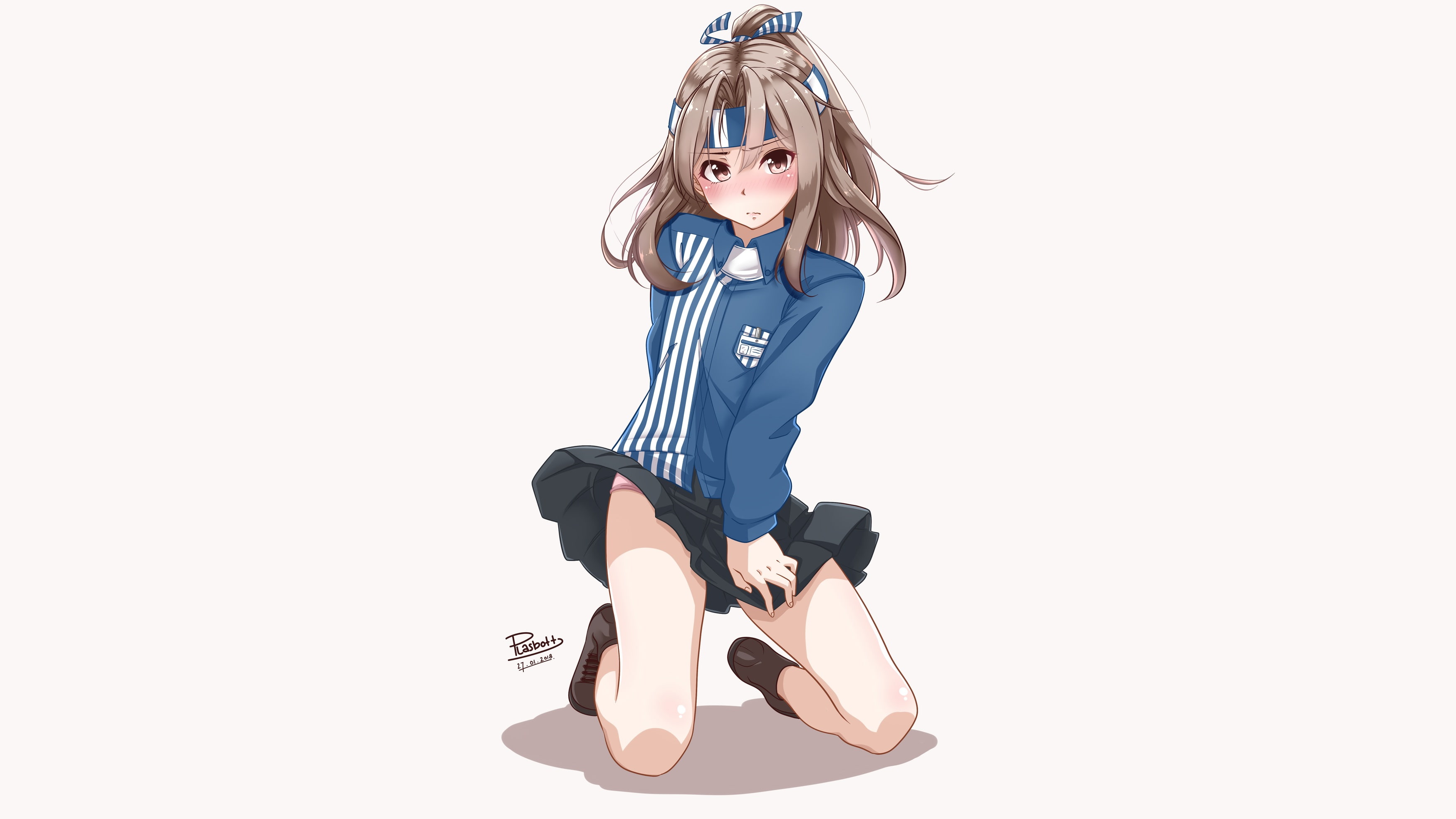 white, eyes, brown, gray, kantai, anthropomorphism, konachan, long, underwear, panties, skirt, signed, headband, plasbott, ponytail, blush, uniform, 2K, HD Wallpaper