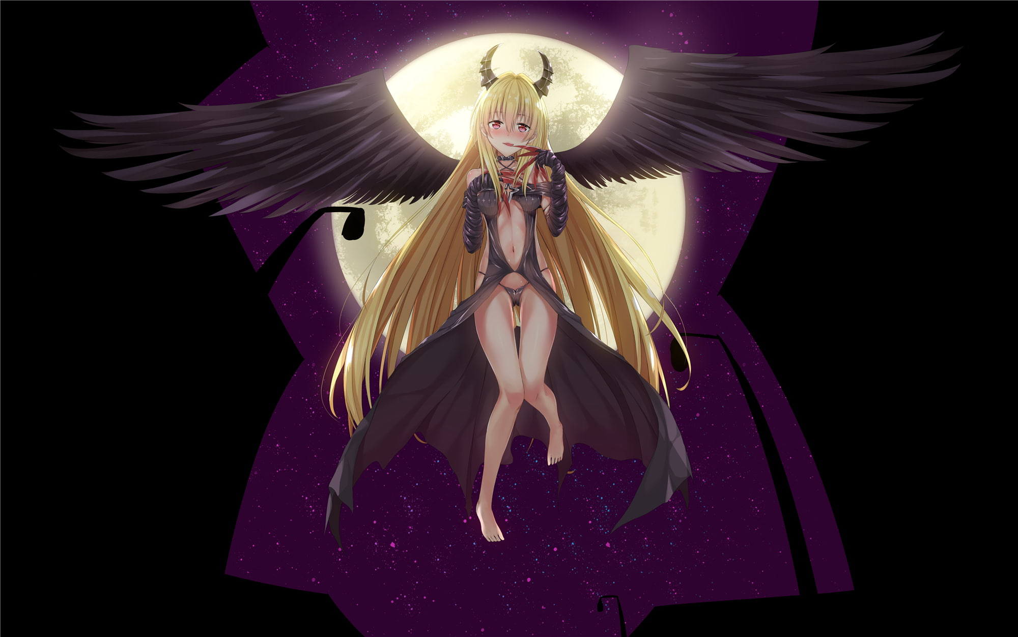 stars, com, golden, (artist), blonde, navel, night, blush, hair, long, tagme, eyes, panties, love, konachan, wings, barefoot, horns, pink, underwear, 255736, HD Wallpaper