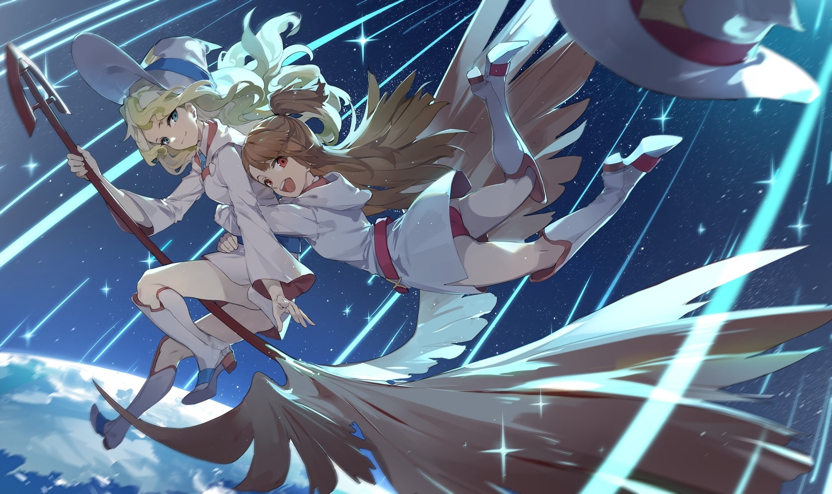 brown, 245905, aqua, konachan, kagari, hat, hug, green, 720P, long, com, panties, boots, red, underwear, witch, stars, akko, eyes, cavendish, diana, 2girls, HD Wallpaper